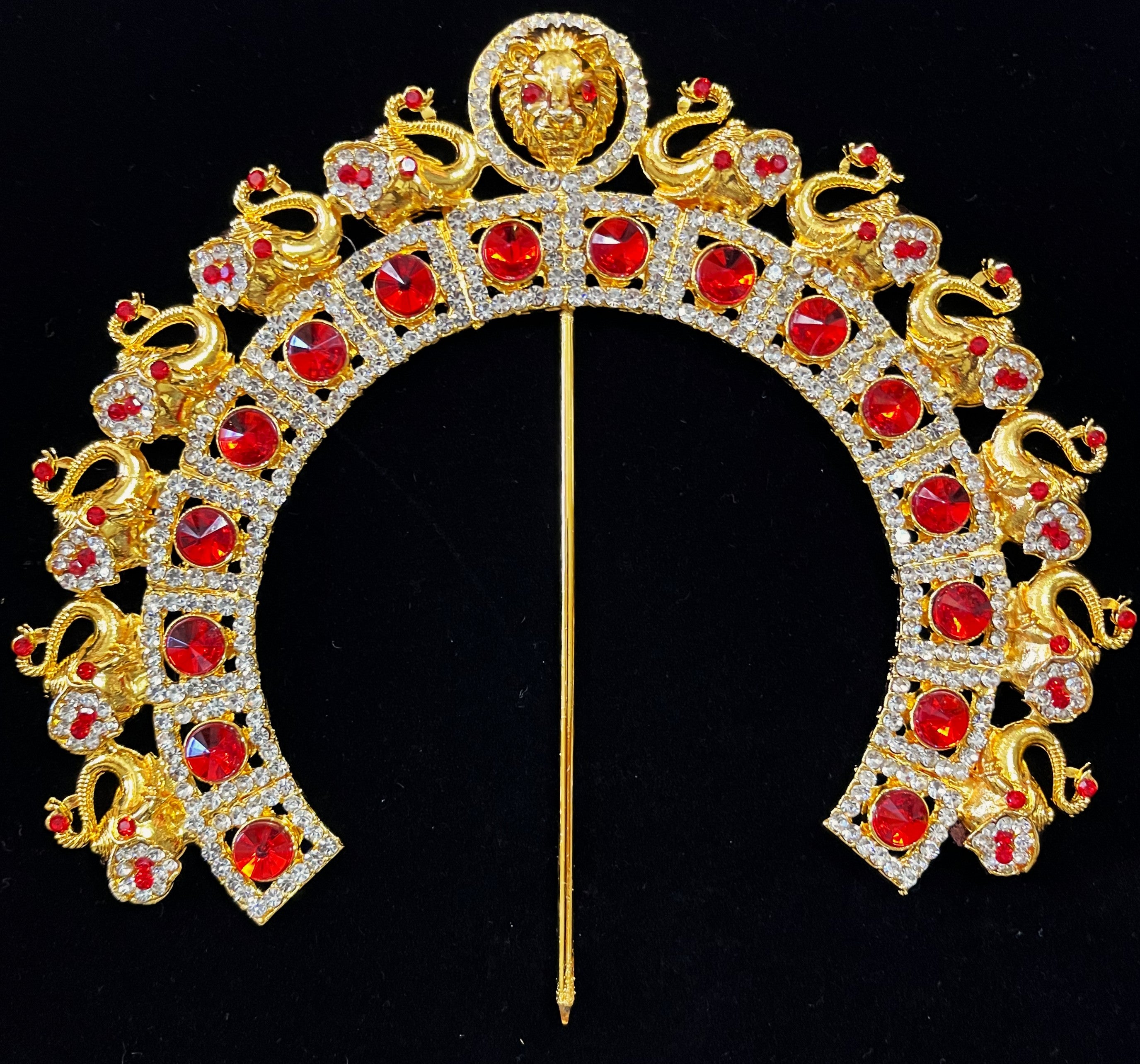 Prabhavali – Divine Arch Design - Red & white stones / Green & White stones / Red, green & white stones / Red & white stones / Pink, green & white stones / Blue & White stones on gold plated metal alloy - Length: 6 inches 3
