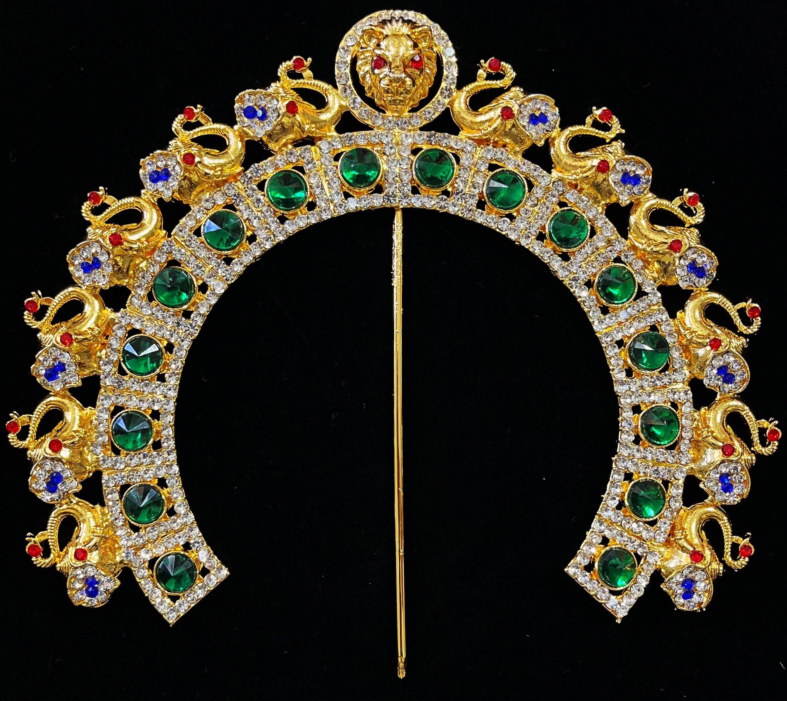 Prabhavali – Divine Arch Design - Red & white stones / Green & White stones / Red, green & white stones / Red & white stones / Pink, green & white stones / Blue & White stones on gold plated metal alloy - Length: 6 inches 4