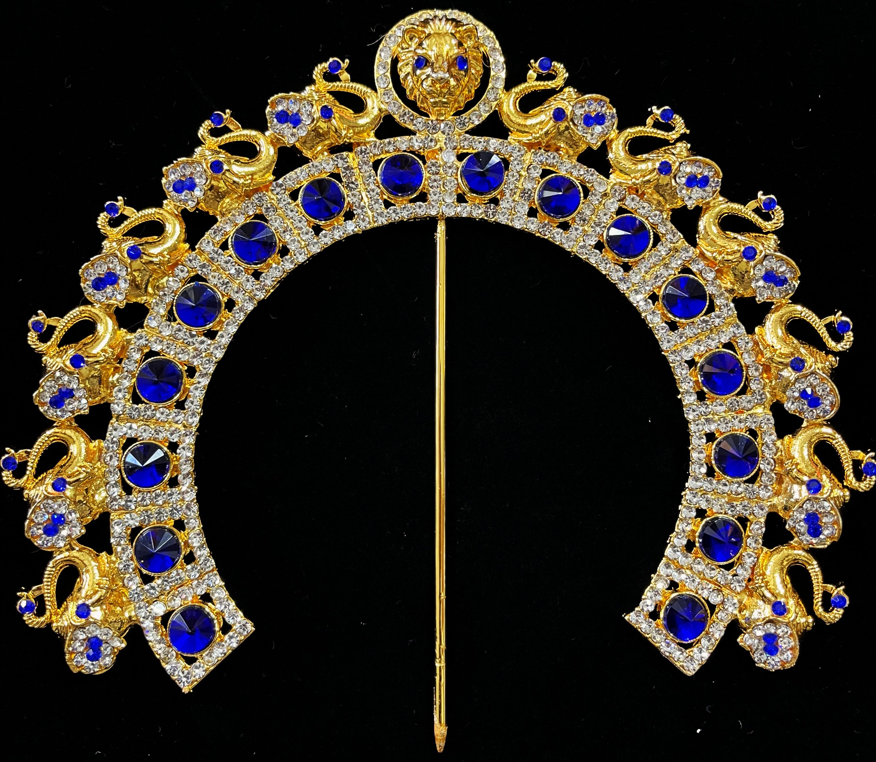Prabhavali – Divine Arch Design - Red & white stones / Green & White stones / Red, green & white stones / Red & white stones / Pink, green & white stones / Blue & White stones on gold plated metal alloy - Length: 6 inches 5