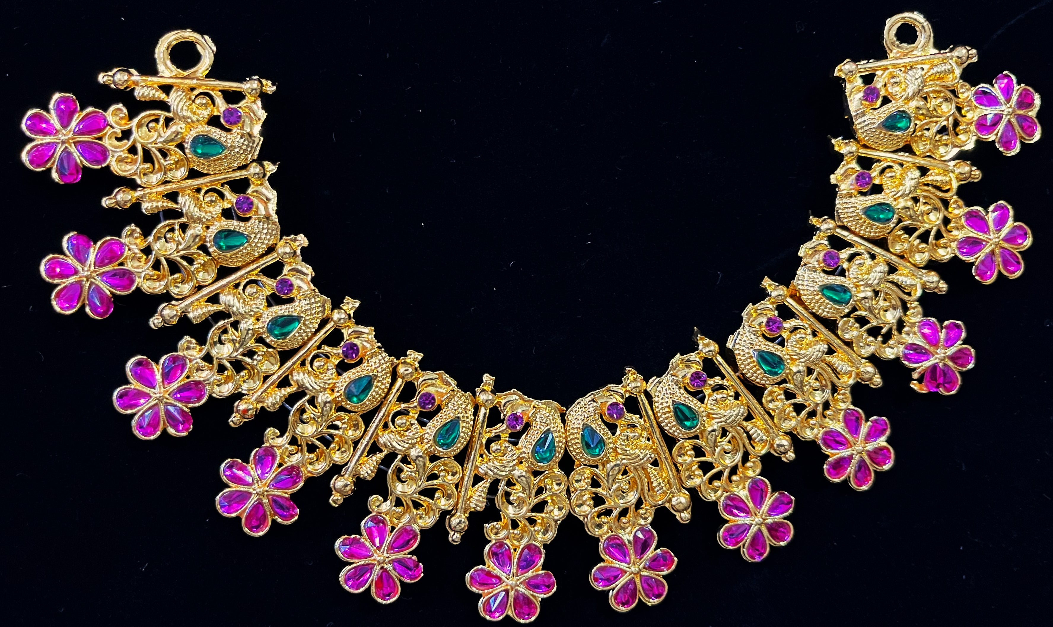 Short Necklace (Addigai) - Red, Green & White stones / Pink, green & white stones on gold plated metal alloy - Length: 4.5 inches, Width: 4.5 inches 4