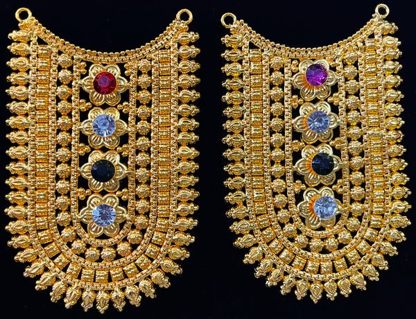 Grand Kavacham Necklace – Full Chest Armour Design - Red, Green & White stones / Pink, green & white stones on gold plated metal alloy - Length: 4 inches, Width: 2 inches