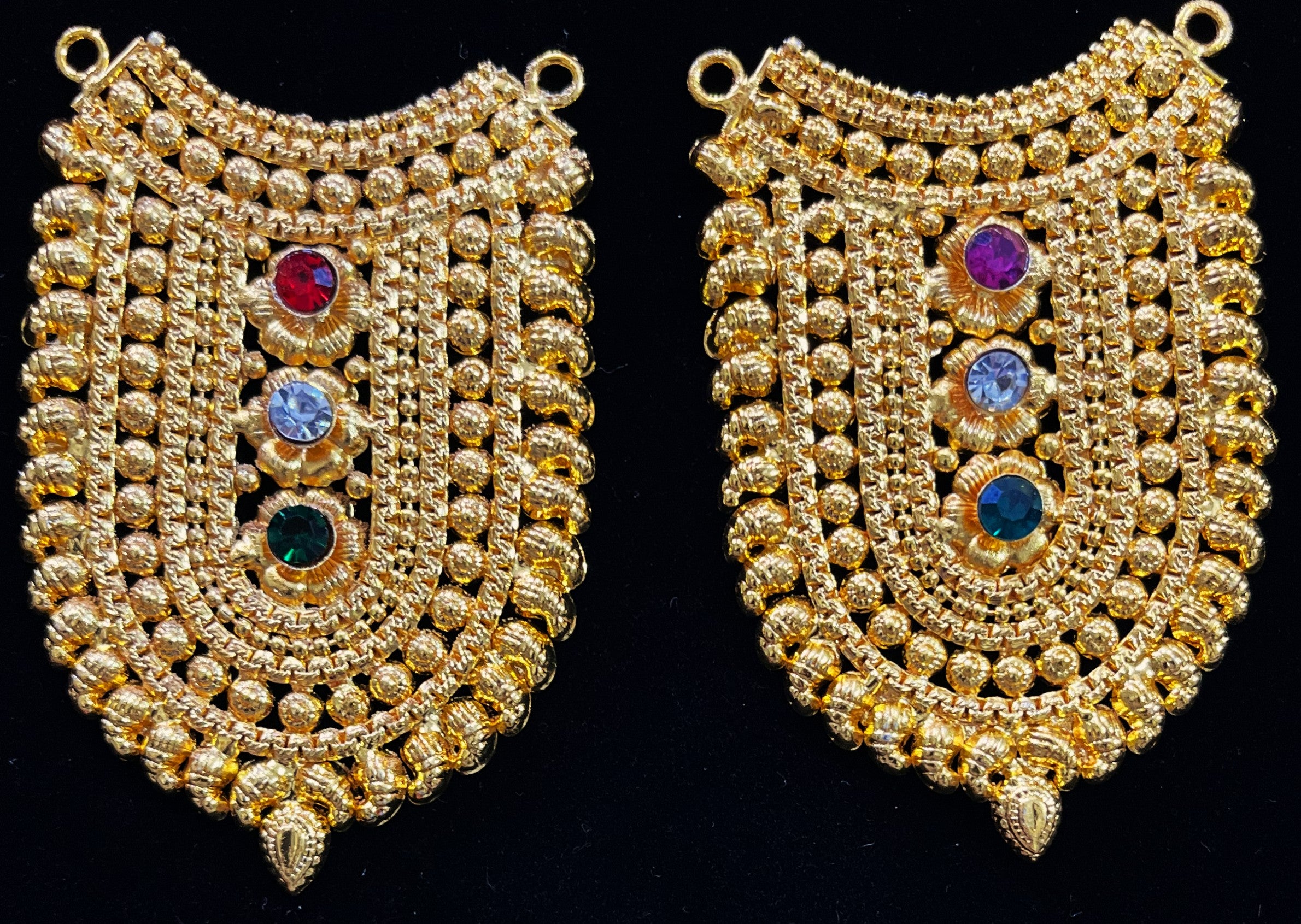 Grand Kavacham Necklace – Full Chest Armour Design - Red, Green & White stones / Pink, green & white stones on gold plated metal alloy - Length: 3 inches, Width: 1.5 inches 2