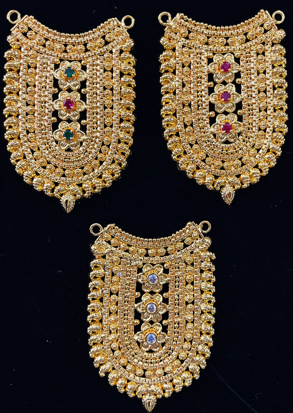 Grand Kavacham Necklace – Full Chest Armour Design - Red, Green & White stones / Pink, green & white stones on gold plated metal alloy - Length: 3 inches, Width: 1.5 inches
