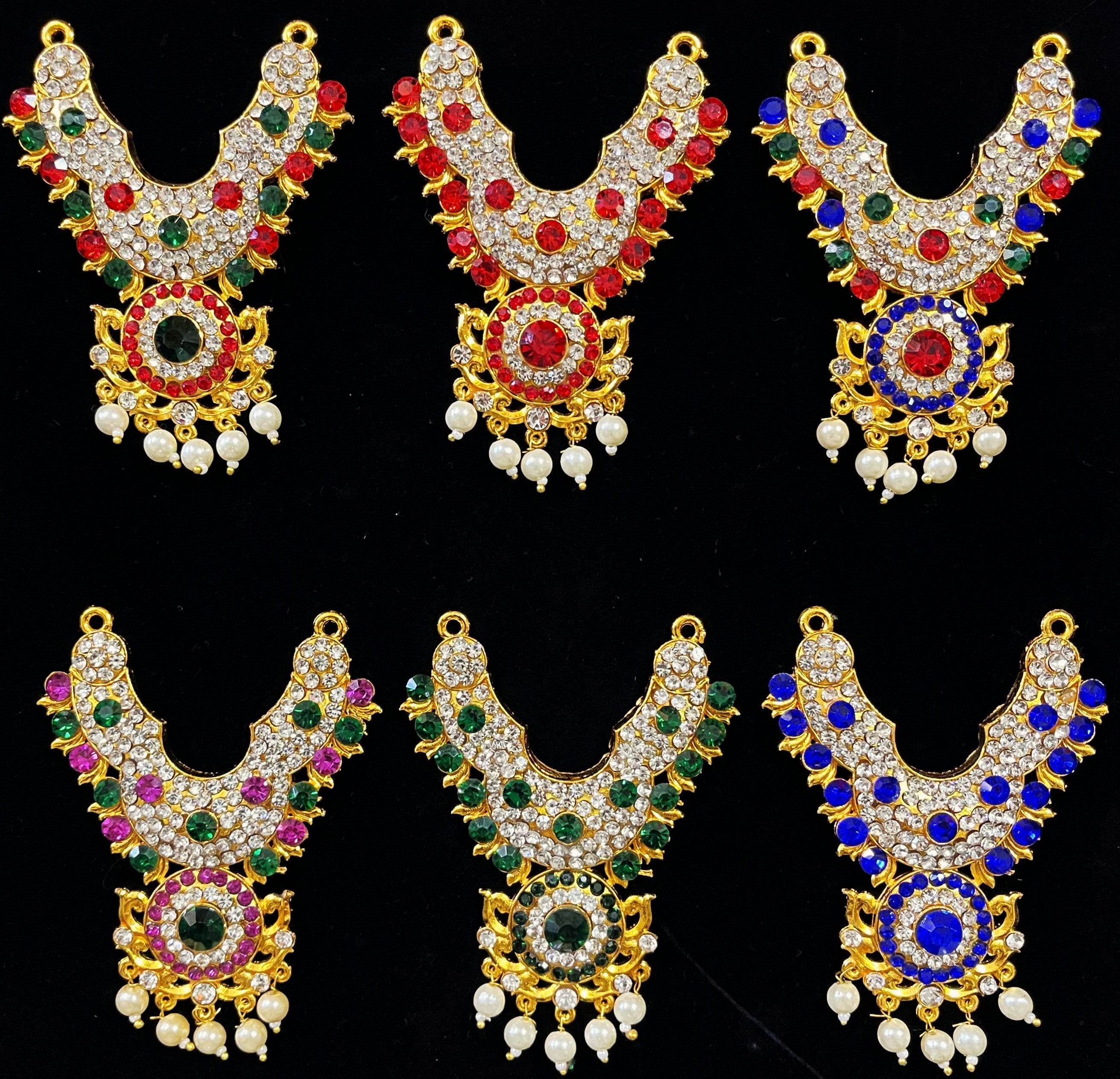 Short Necklace (Addigai) - Red, Green & White stones / Pink, green & white stones / Red, Green, Blue & White stones / Red & white / Green & White stones / Blue & white stones on gold plated metal alloy - Length: 3 inches, Width: 1.75 inches 1