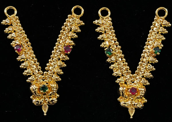 Long Haram – South Indian Temple Jewellery - Red, Green & White stones on gold plated metal alloy - Length: 1.75 inches