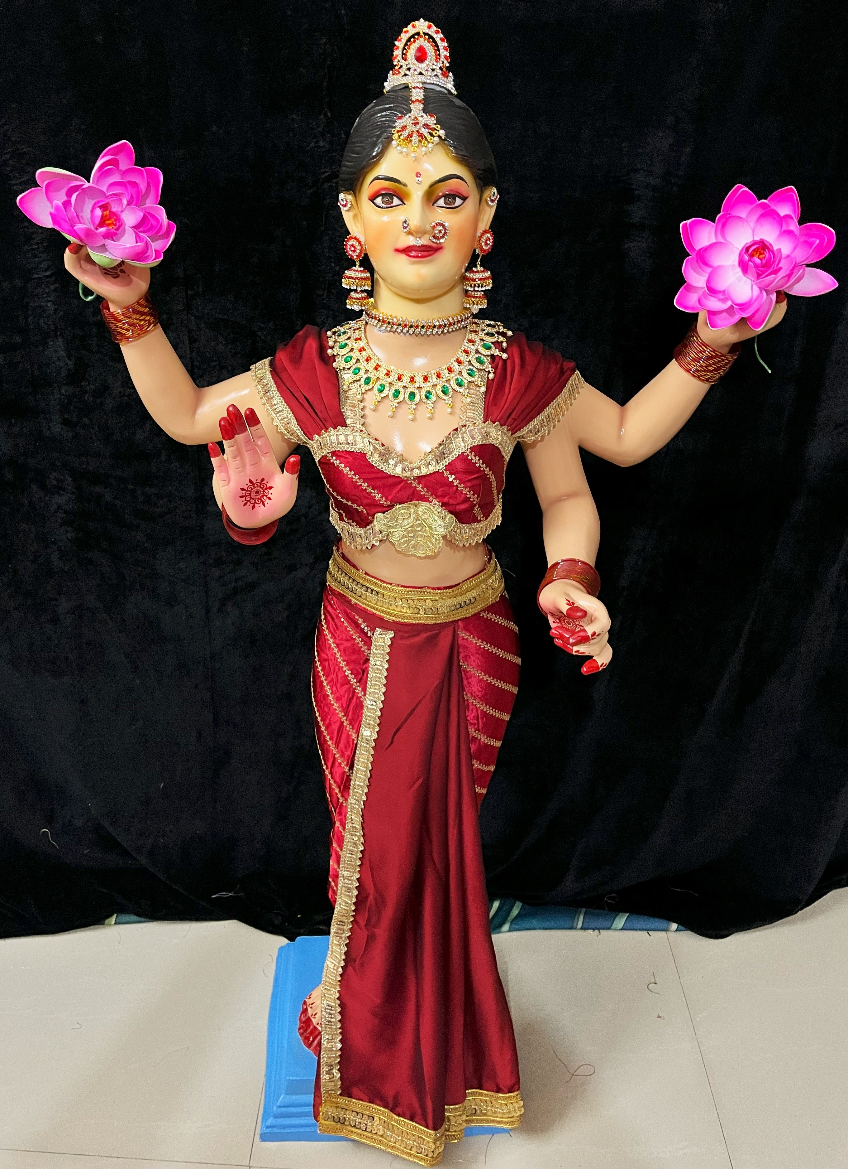 Premium Amrapalli Bharatanatyam Dress for Medium Standing Varamahalakshmi Body | Semi Silk Alankaram Dress - Red with Gold sequence work border 1