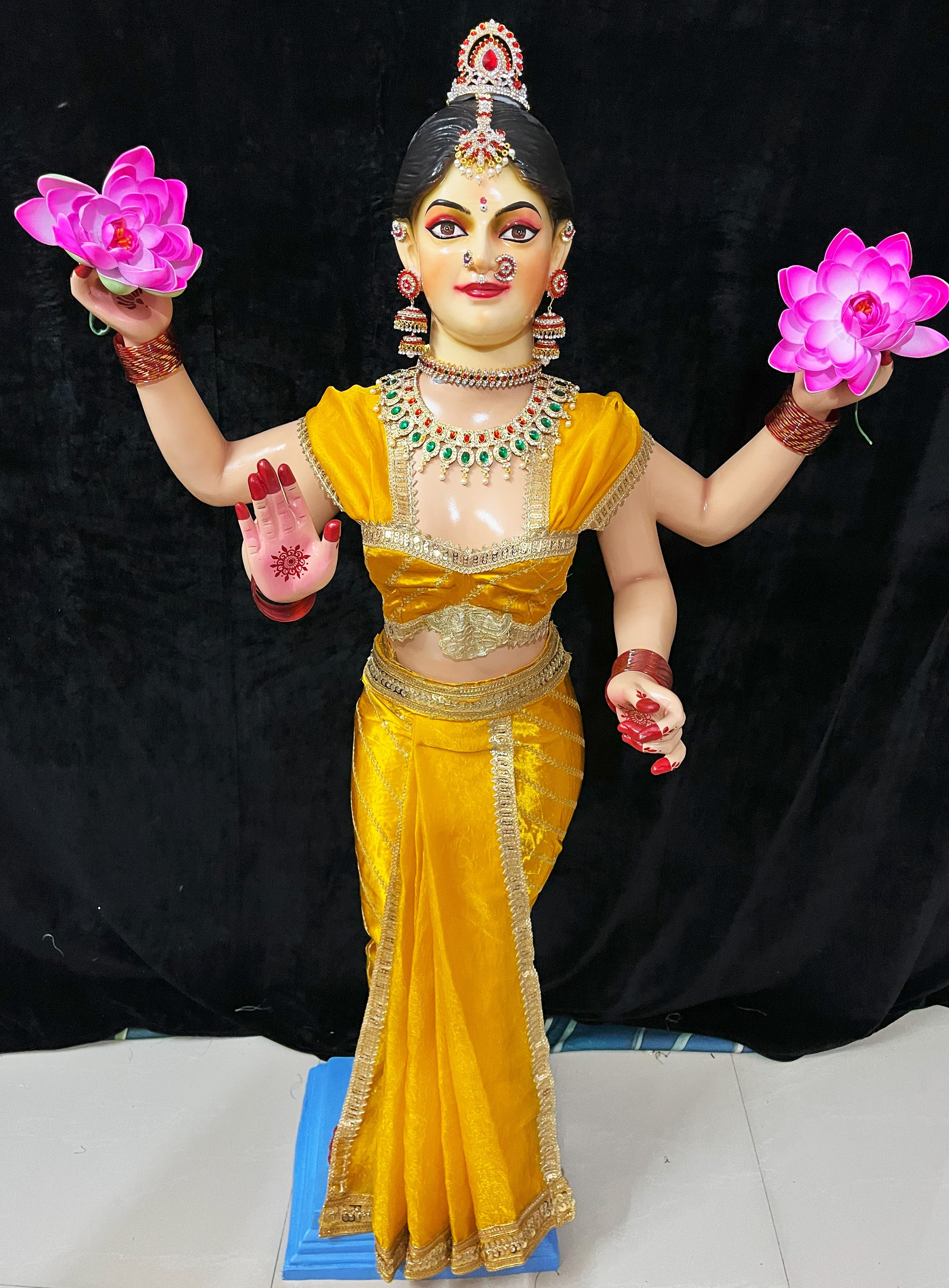 Premium Amrapalli Bharatanatyam Dress for Medium Standing Varamahalakshmi Body | Semi Silk Alankaram Dress - Yellow with Gold sequence work border 1