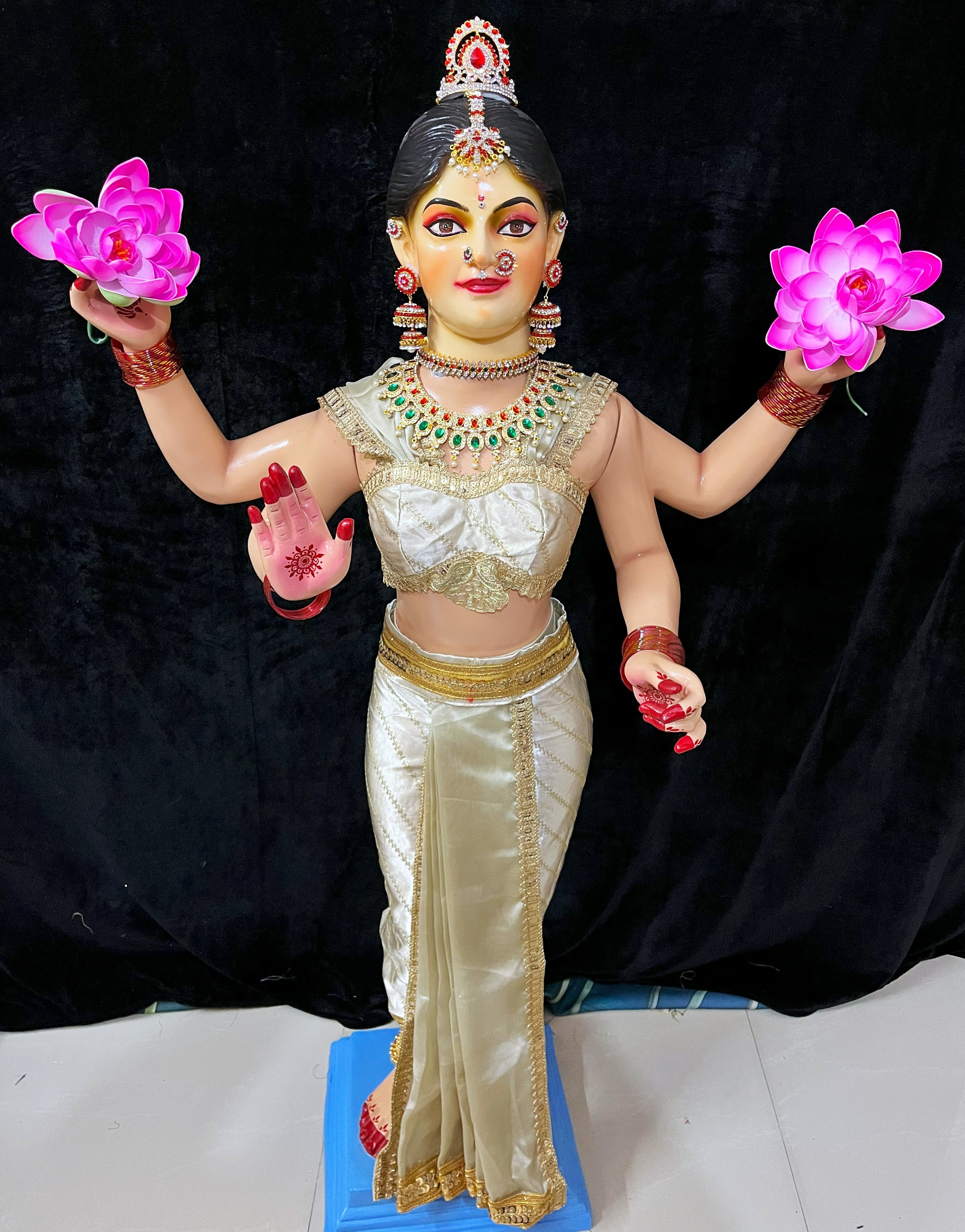 Premium Amrapalli Bharatanatyam Dress for Medium Standing Varamahalakshmi Body | Semi Silk Alankaram Dress - Off White with Gold sequence work border 1