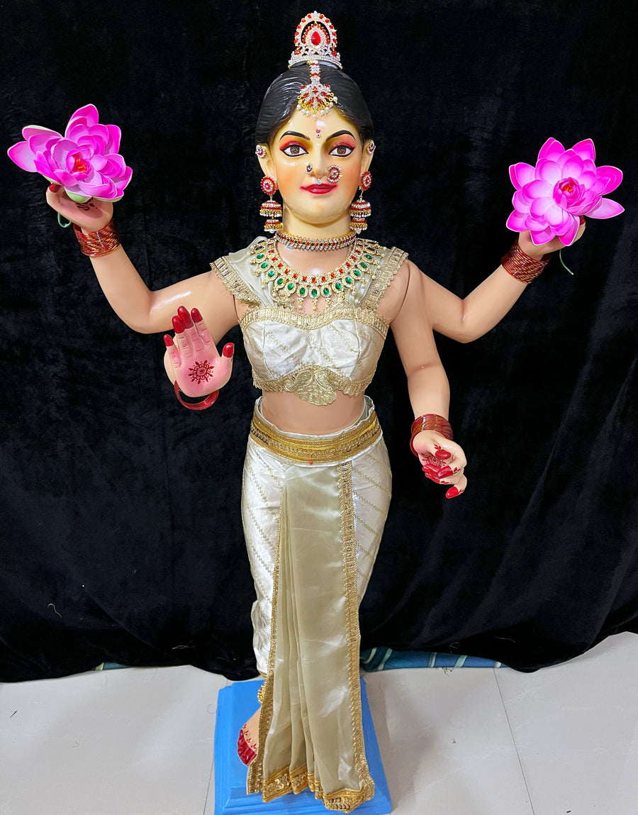 Premium Amrapalli Bharatanatyam Dress for Medium Standing Varamahalakshmi Body | Semi Silk Alankaram Dress - Off White with Gold sequence work border