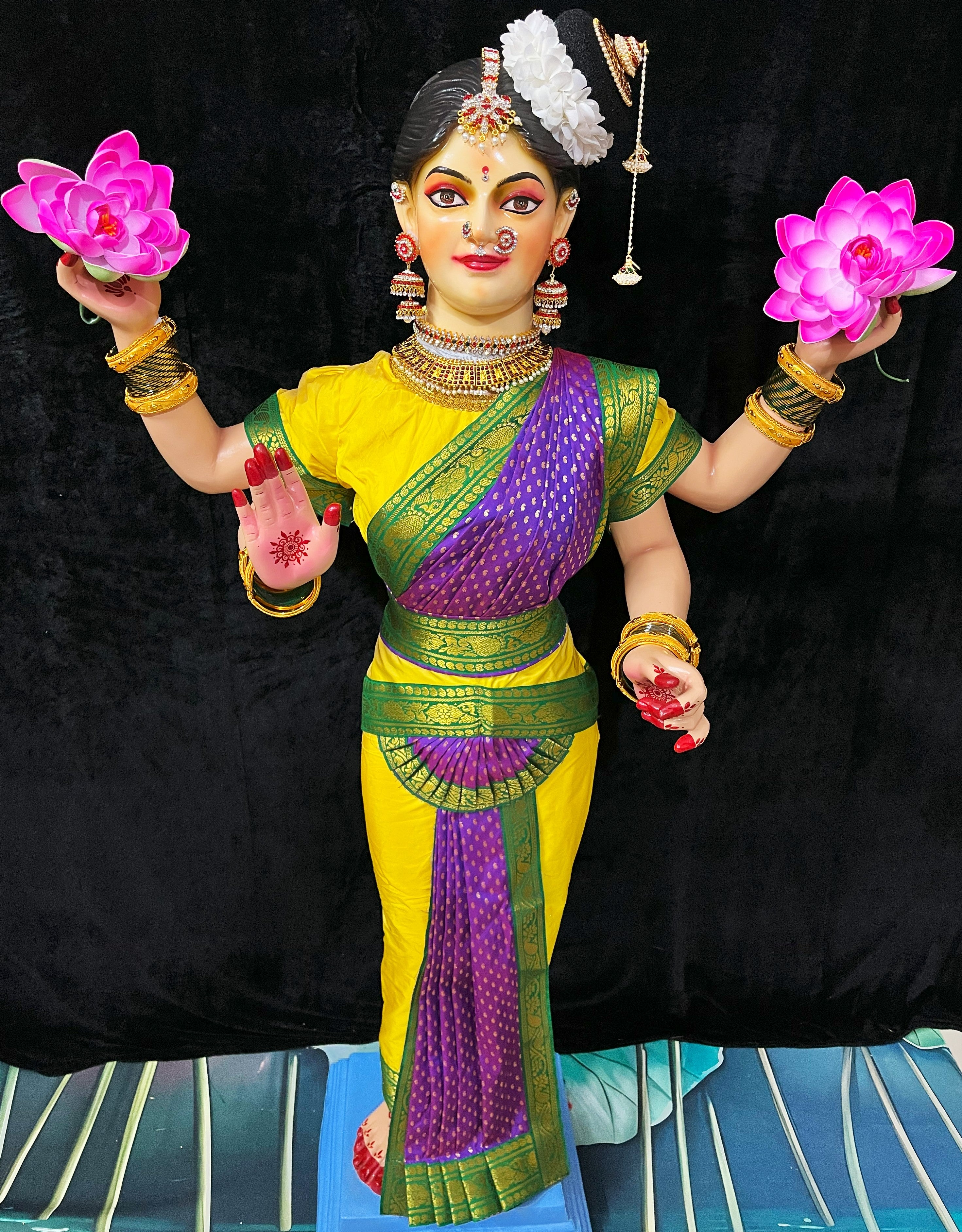 Premium Bharatanatyam Dress for Medium Standing Varamahalakshmi Body | Semi Silk Alankaram Dress - Yellow and Purple Saree with Green border and Yellow Blouse 1