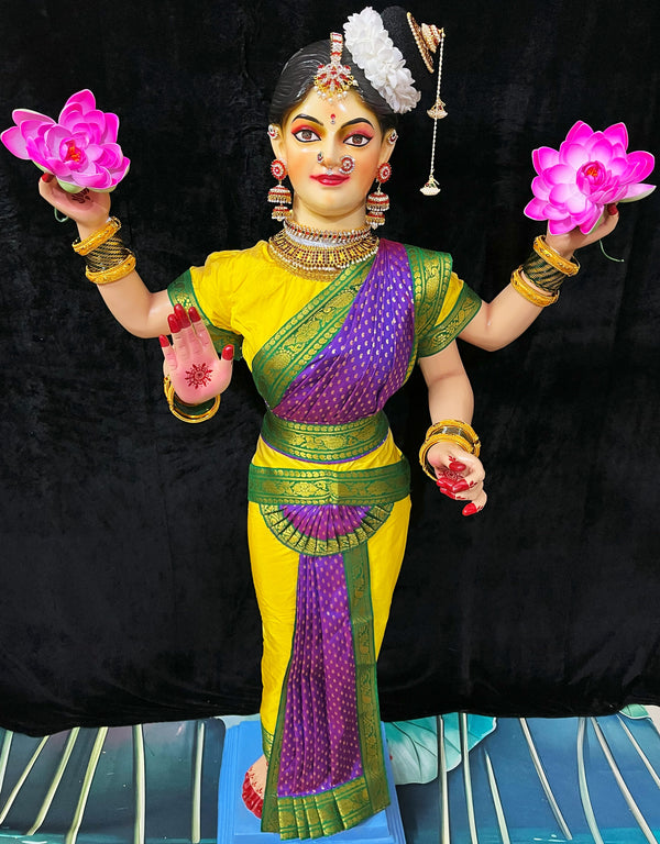 Premium Bharatanatyam Dress for Medium Standing Varamahalakshmi Body | Semi Silk Alankaram Dress - Yellow and Purple Saree with Green border and Yellow Blouse