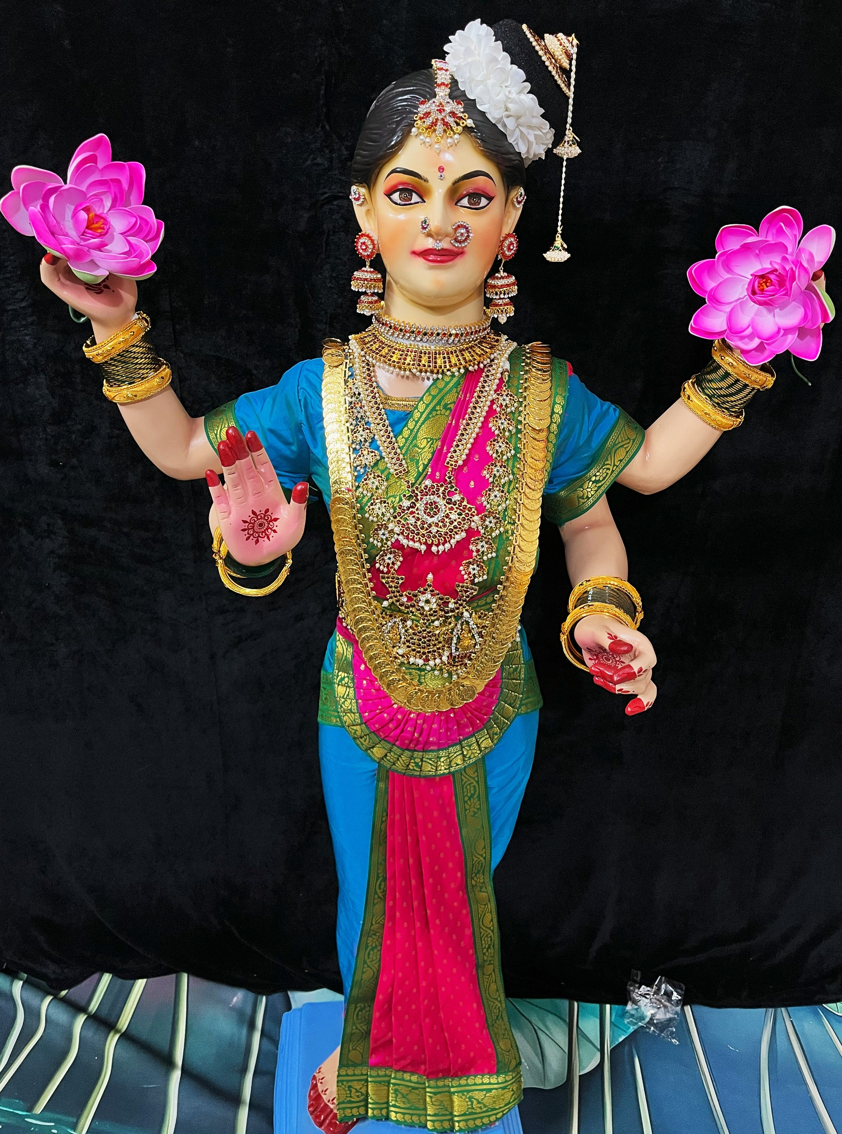 Premium Bharatanatyam Dress for Medium Standing Varamahalakshmi Body | Semi Silk Alankaram Dress - Sky Blue and Pink Saree with Green border and Sky Blue Blouse 1