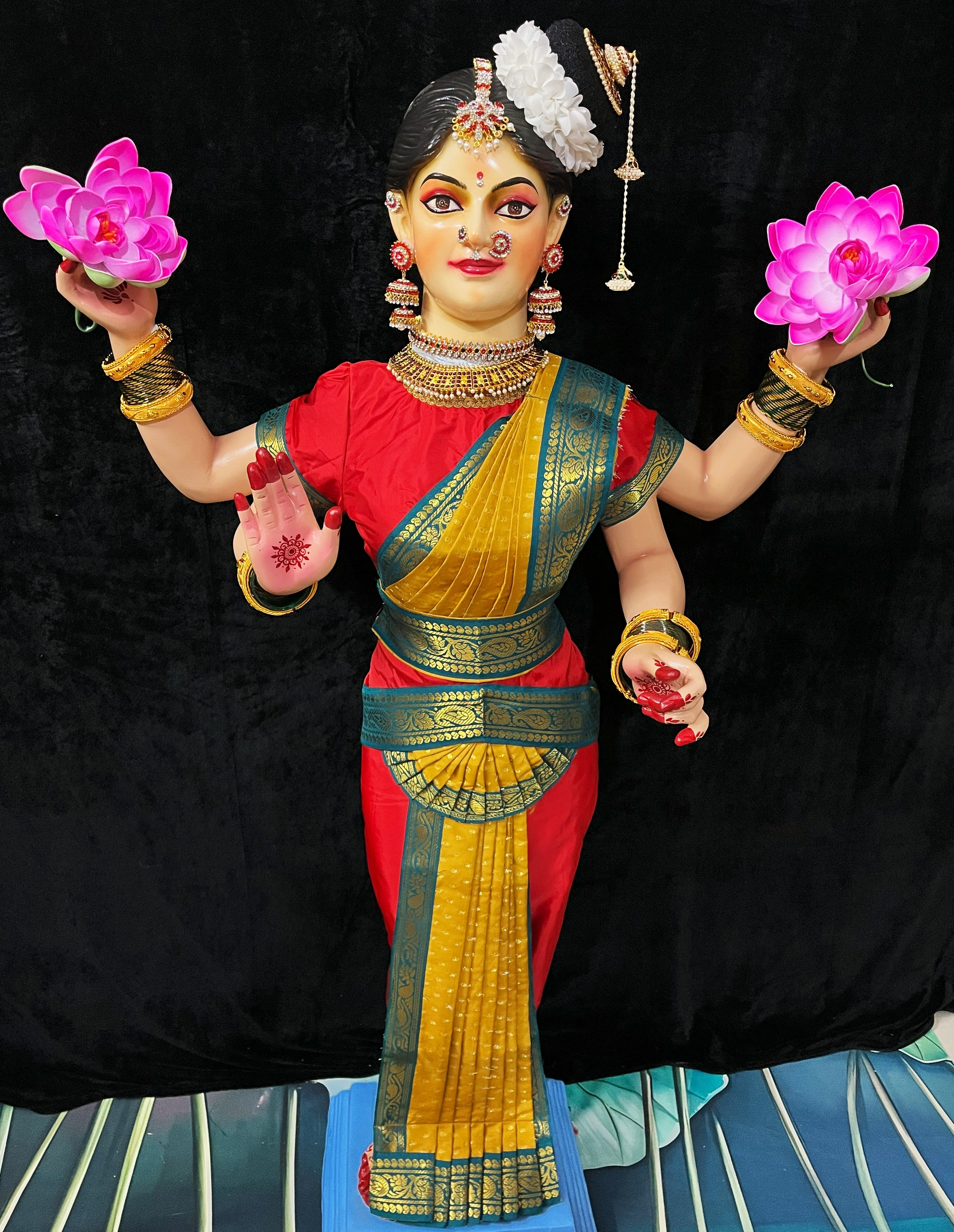 Premium Bharatanatyam Dress for Medium Standing Varamahalakshmi Body | Semi Silk Alankaram Dress - Red and Mustard Yellow Saree with Green border and Red Blouse 1