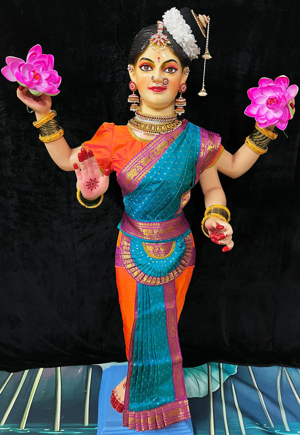Premium Bharatanatyam Dress for Medium Standing Varamahalakshmi Body | Semi Silk Alankaram Dress - Orange and Sky Blue Saree with Purple border and Orange Blouse