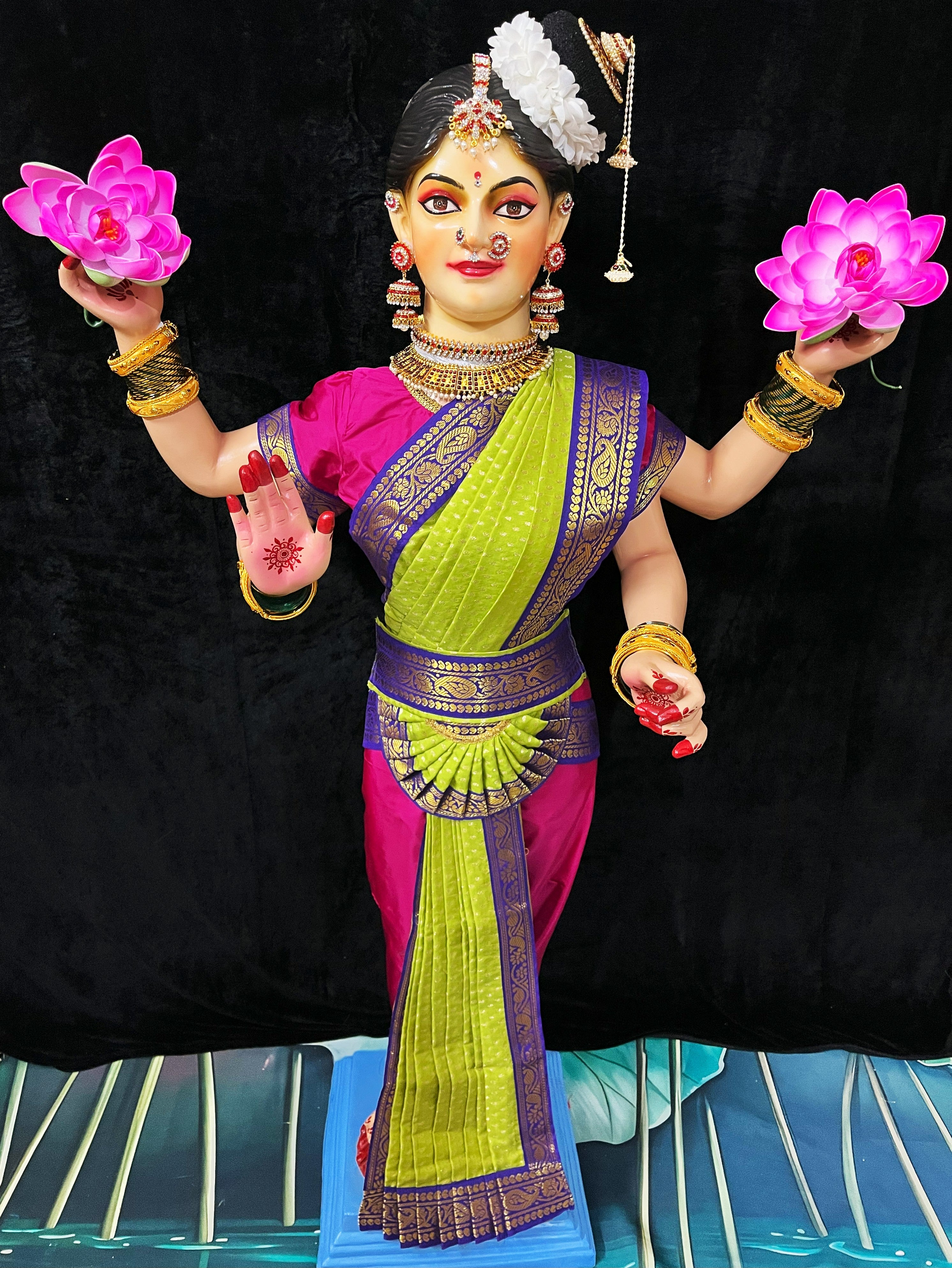 Premium Bharatanatyam Dress for Medium Standing Varamahalakshmi Body | Semi Silk Alankaram Dress - Pink and Parrot Green Saree with Purple border and Pink Blouse 1