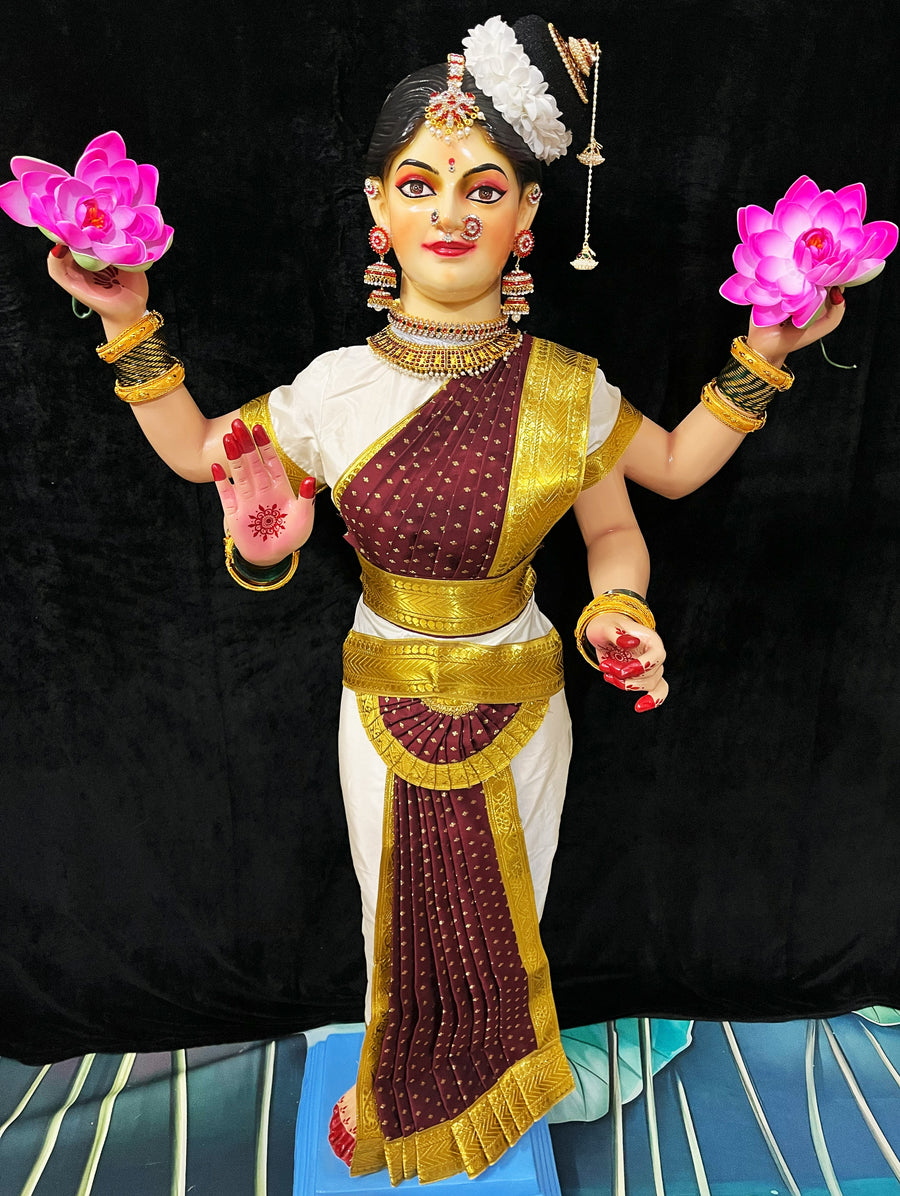 Premium Bharatanatyam Dress for Medium Standing Varamahalakshmi Body | Semi Silk Alankaram Dress - White and Maroon Saree with Gold border and White Blouse