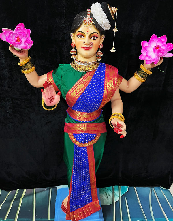 Premium Bharatanatyam Dress for Medium Standing Varamahalakshmi Body | Semi Silk Alankaram Dress - Green and Royal Blue Saree with Red border and Green Blouse