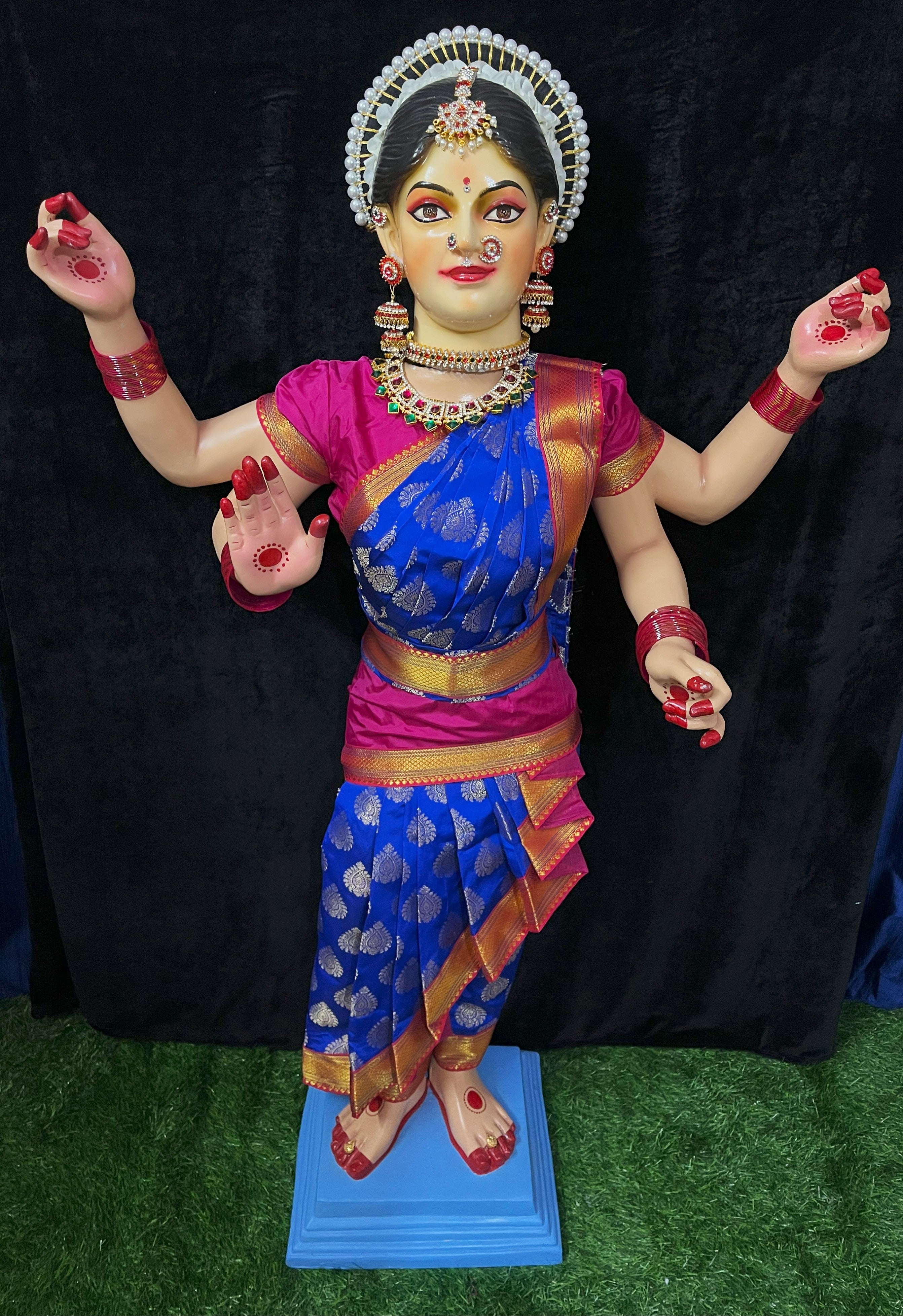 Premium Cross-Pleated Tapeta Silk Dress for Medium Standing Fiber Body - Royal Blue and Pink Saree with Pink Blouse 1