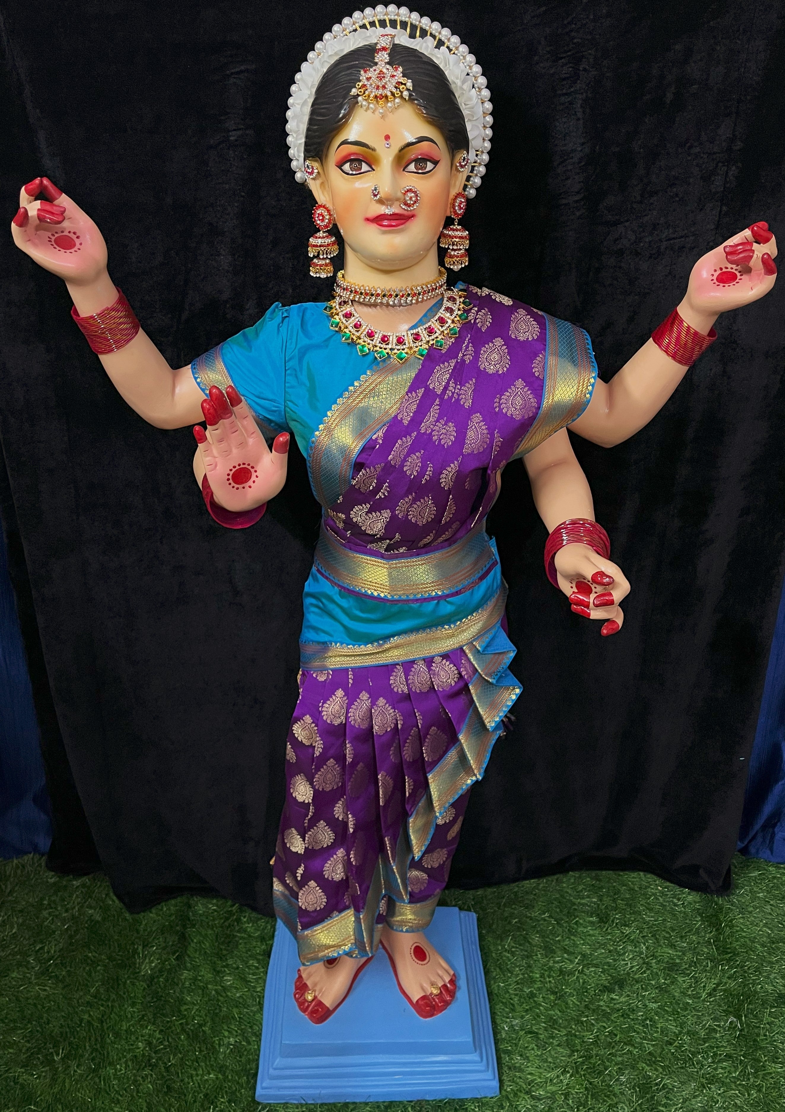 Premium Cross-Pleated Tapeta Silk Dress for Medium Standing Fiber Body - Purple and Sky Blue Saree with Sky Blue Blouse 1