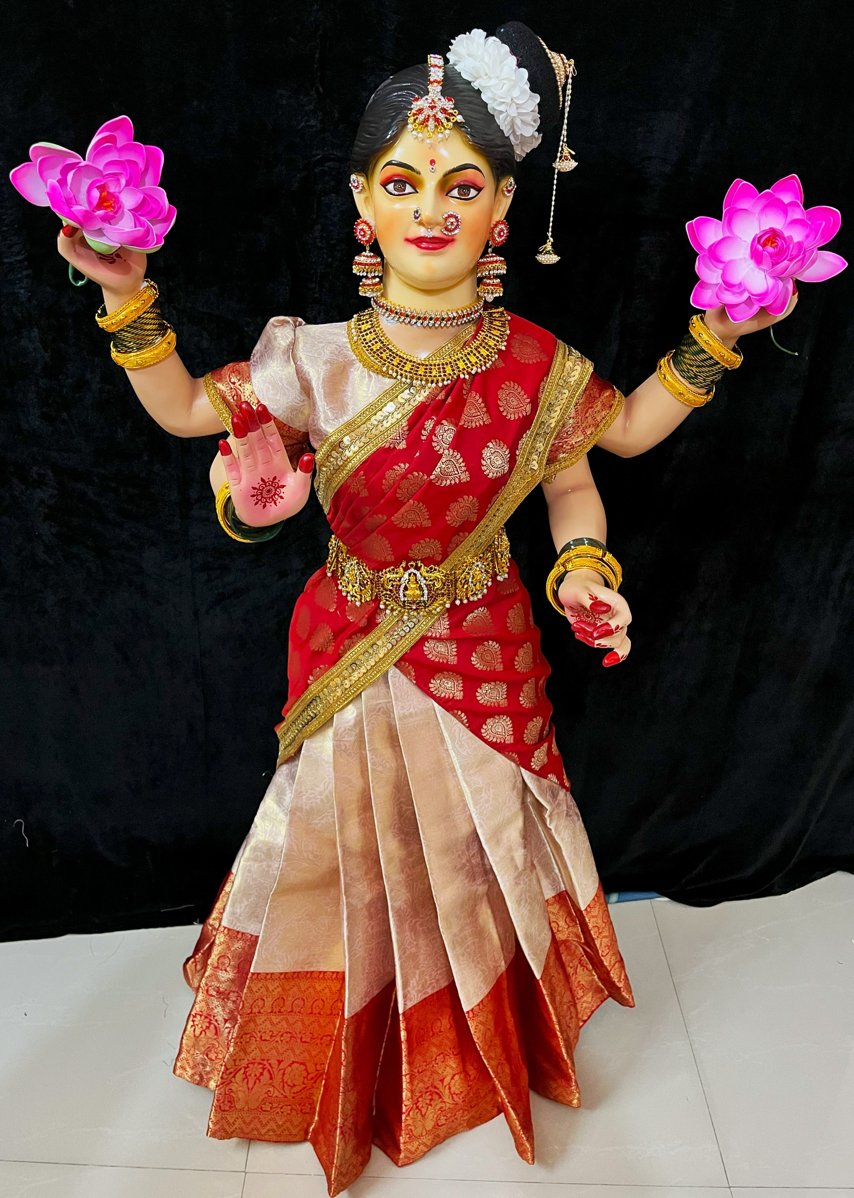 Premium Semi Silk Lehenga Set for Medium Standing Fiber Body - Light peach Lehenga with Red Border and Red Dupatta 1
