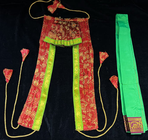 Dagdusheth Halwai Ganpati Dhoti made of Satin Silk (Not Pure Silk) - Red dhoti with Bottle Green border and Bottle Green shalya