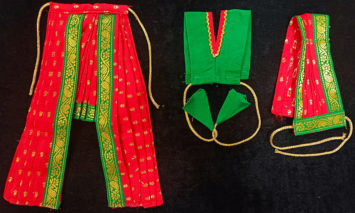 Pre-Stitched Devi Saree Dress made of Small Butta Soft Silk (Pure silk) - Red Saree with Green border and Green blouse
