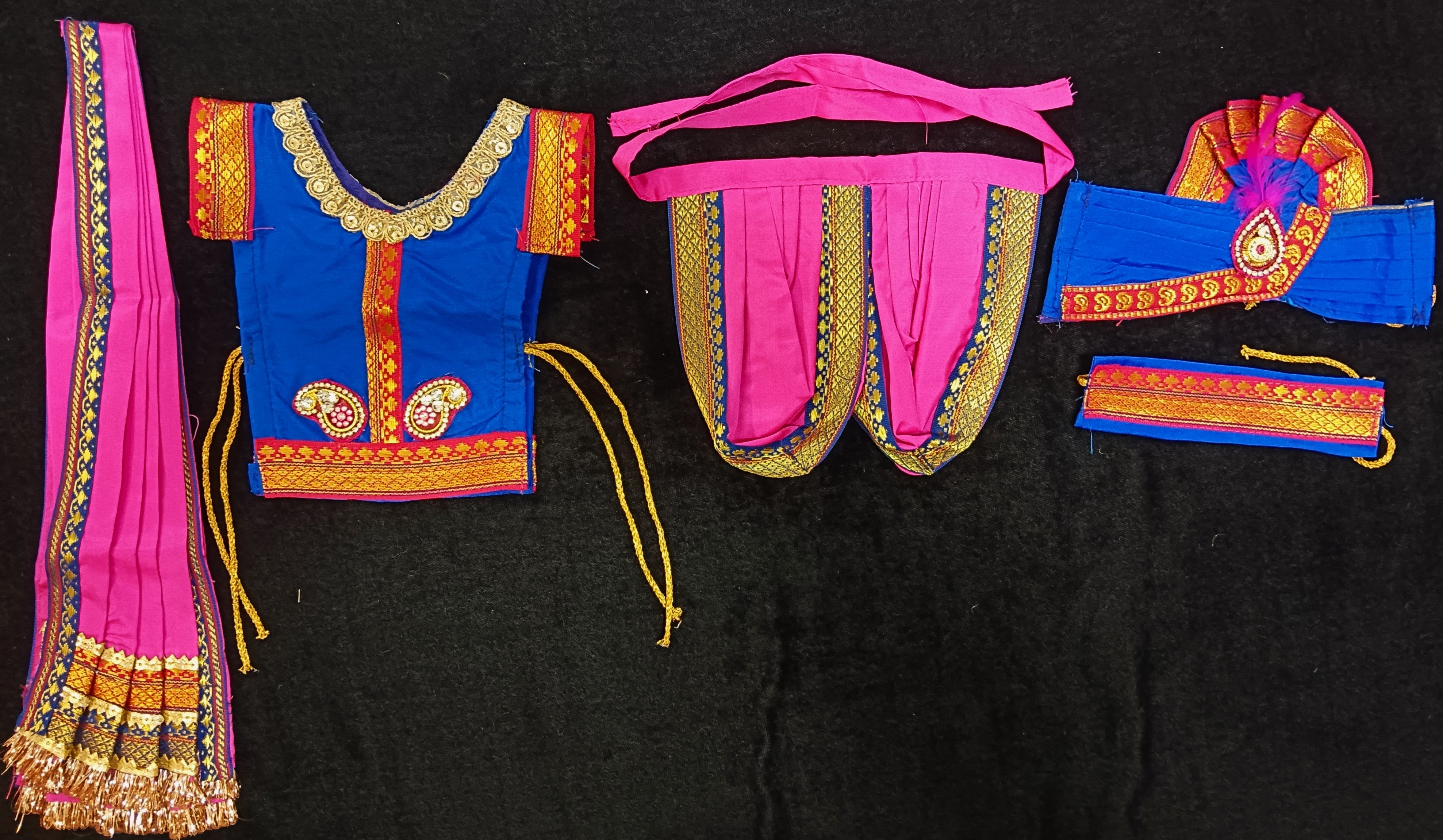 Raja Murugan Pre-Stitched Silk Dress Set in Plain Silk (not pure silk) - Yellow kurta and pagdi with Purple dhoti and shalya 2