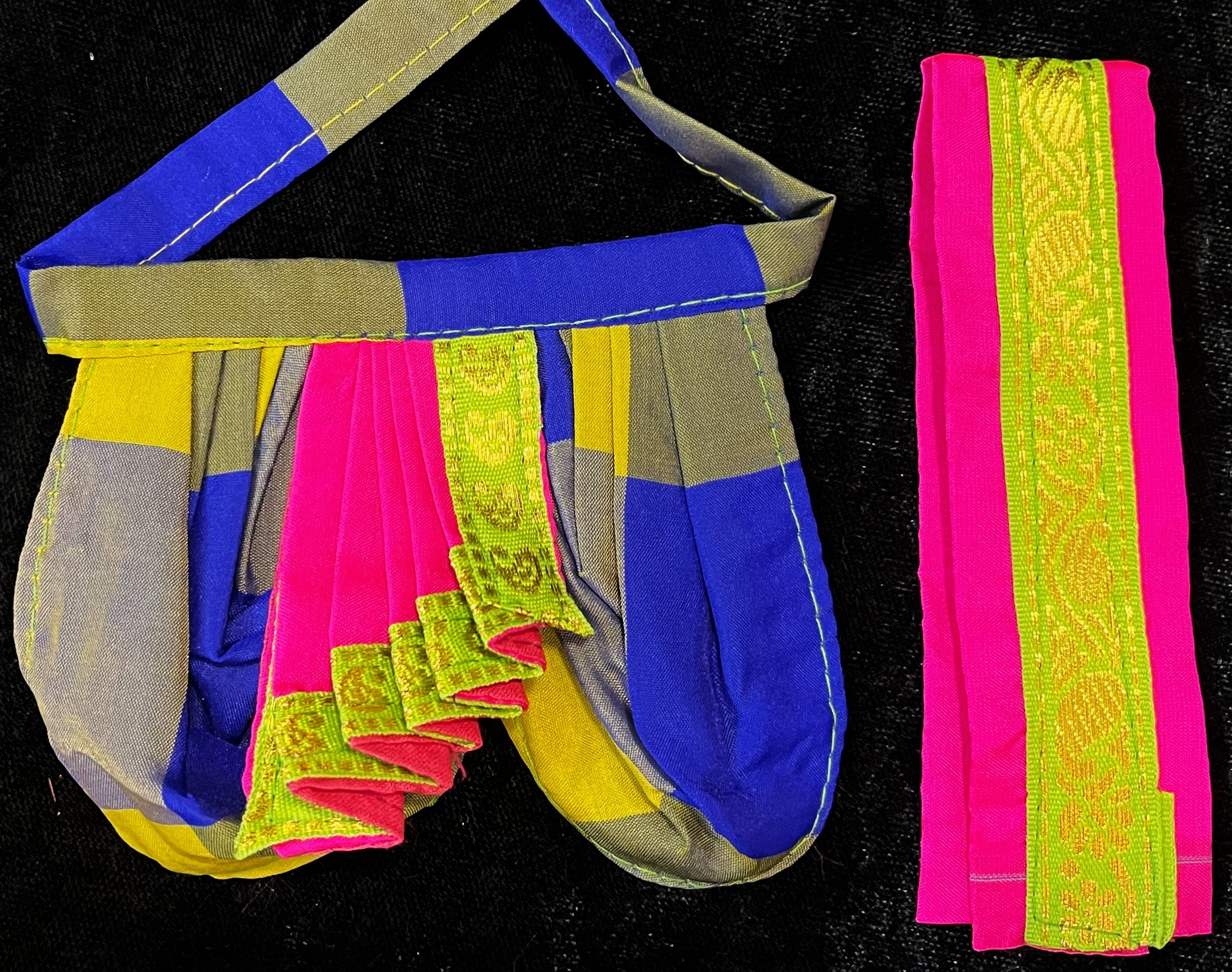 Deity dhoti and patka shalya / Uparna vastra made of Traditional Checks Silk (Not Pure Silk) - Parrot Green and Blue Checks dhoti with Pink border and Pink shalya 2