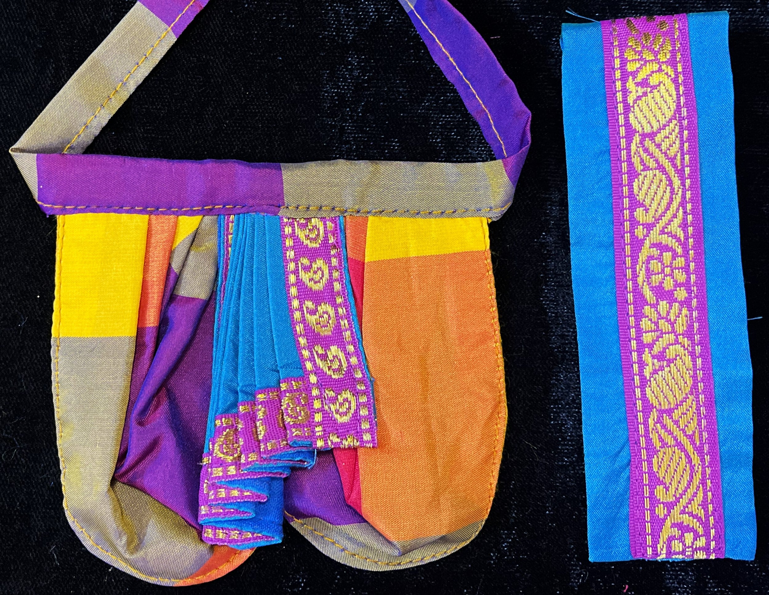 Deity dhoti and patka shalya / Uparna vastra made of Traditional Checks Silk (Not Pure Silk) - Deep Purple and yellow Checks dhoti with Blue border and Blue shalya 2