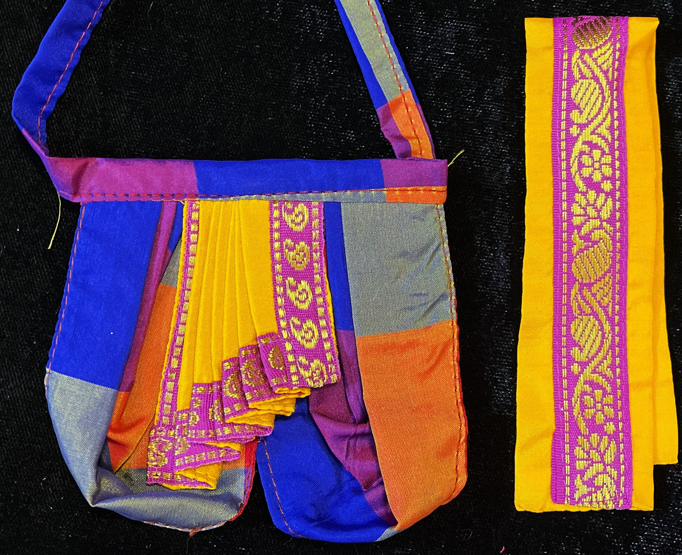 Deity dhoti and patka shalya / Uparna vastra made of Traditional Checks Silk (Not Pure Silk) - Red and Dark Purple Checks dhoti with Yellow border and Yellow shalya 2