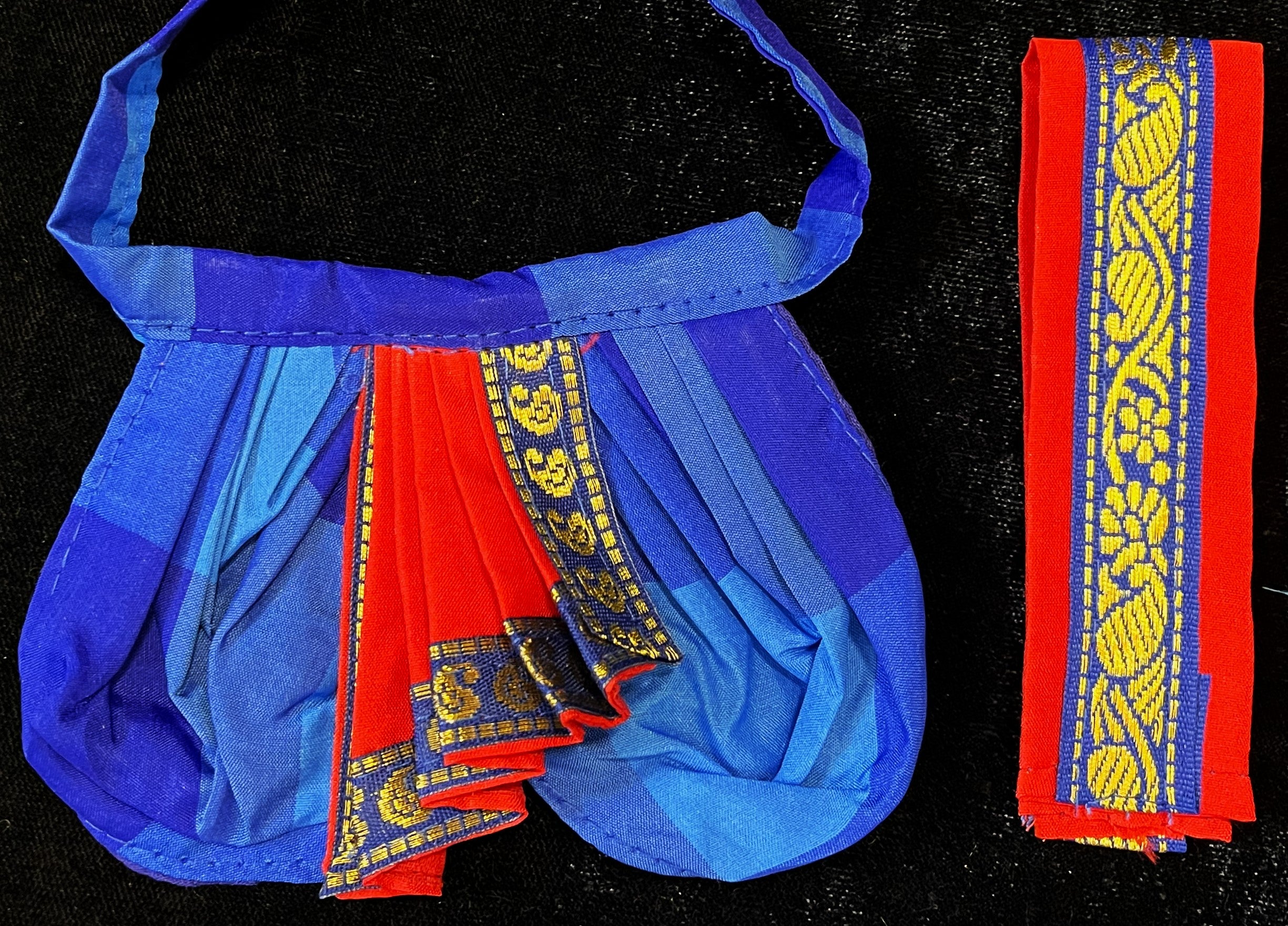 Deity dhoti and patka shalya / Uparna vastra made of Traditional Checks Silk (Not Pure Silk) - Royal Blue and dark Blue Checks dhoti with Red border and Red shalya 2