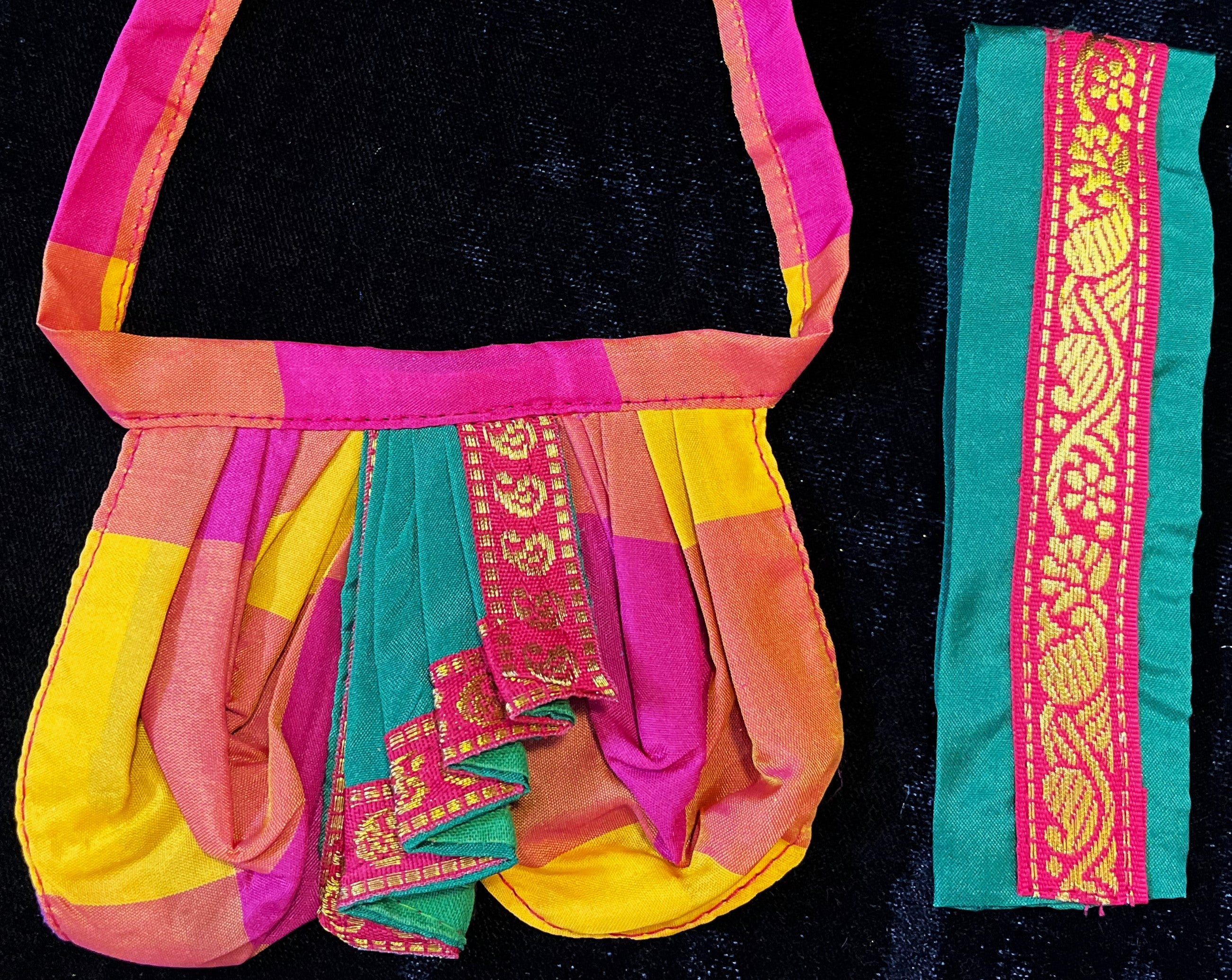 Deity dhoti and patka shalya / Uparna vastra made of Traditional Checks Silk (Not Pure Silk) - Pink and Yellow Checks dhoti with Green border and Green dupata 1