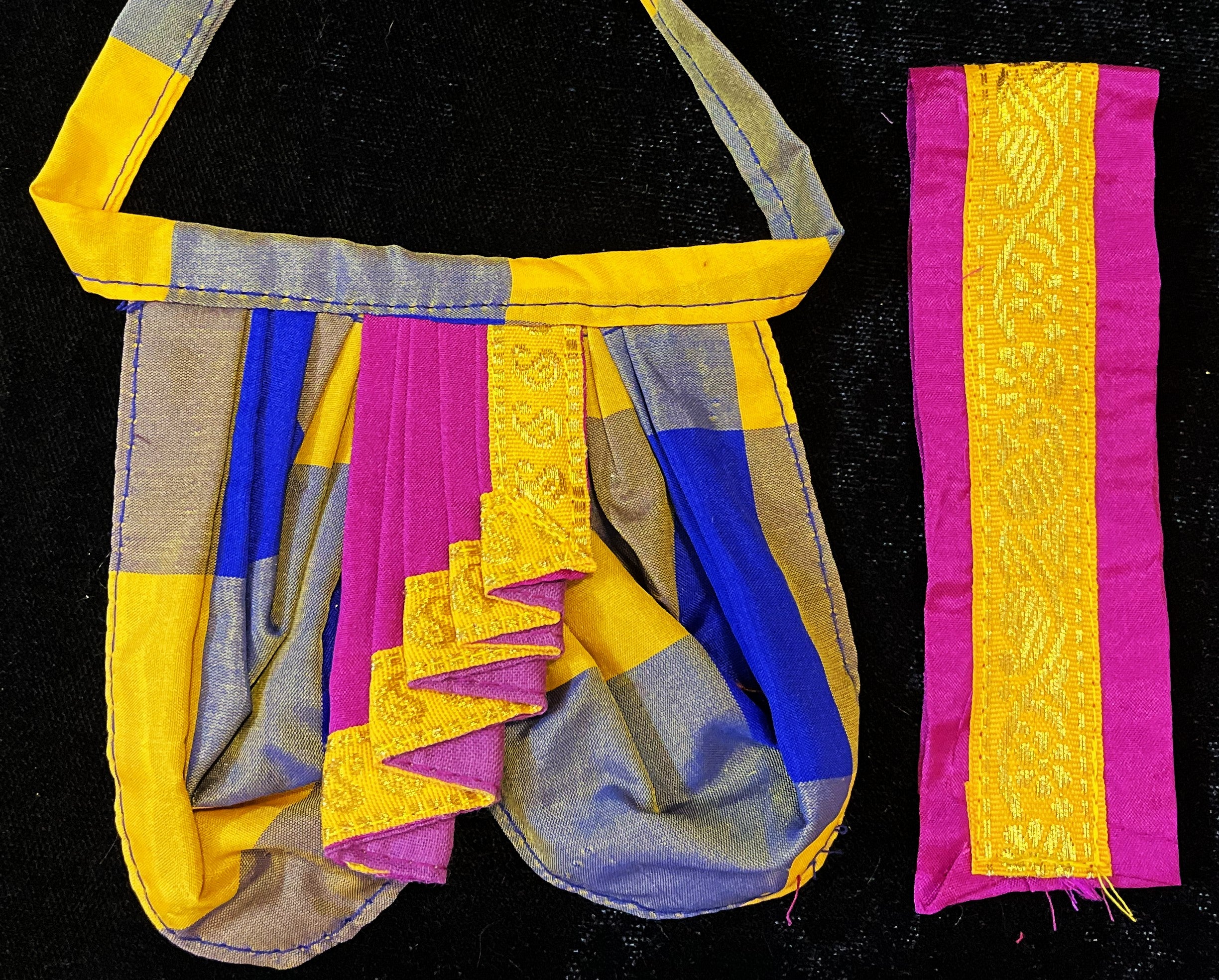 Deity dhoti and patka shalya / Uparna vastra made of Traditional Checks Silk (Not Pure Silk) - Yellow and Royal Blue Checks dhoti with Magenta Pink border and Pink shalya 2
