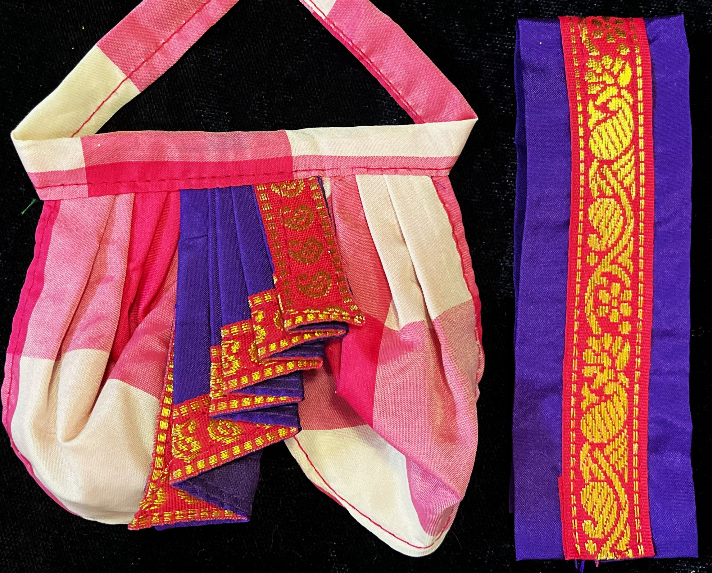 Deity dhoti and patka shalya / Uparna vastra made of Traditional Checks Silk (Not Pure Silk) - Pink and Light Pink Checks dhoti with Royal Purple border and Royal Purple shalya 2