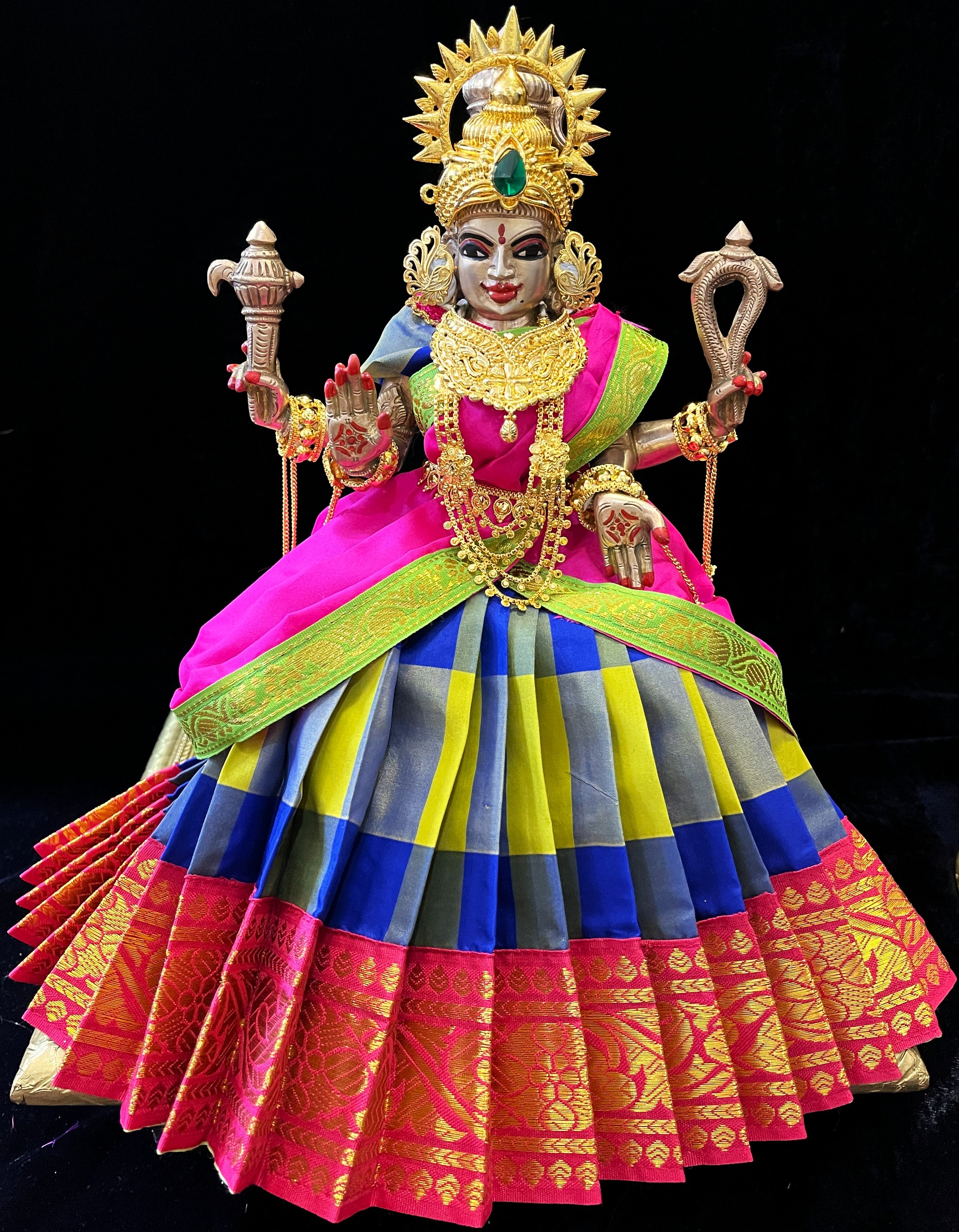 Deity half saree / lehenga patka made of Traditional Checks Silk (Not Pure Silk) - Parrot Green and Blue Checks saree with Pink border and Pink dupatta 2
