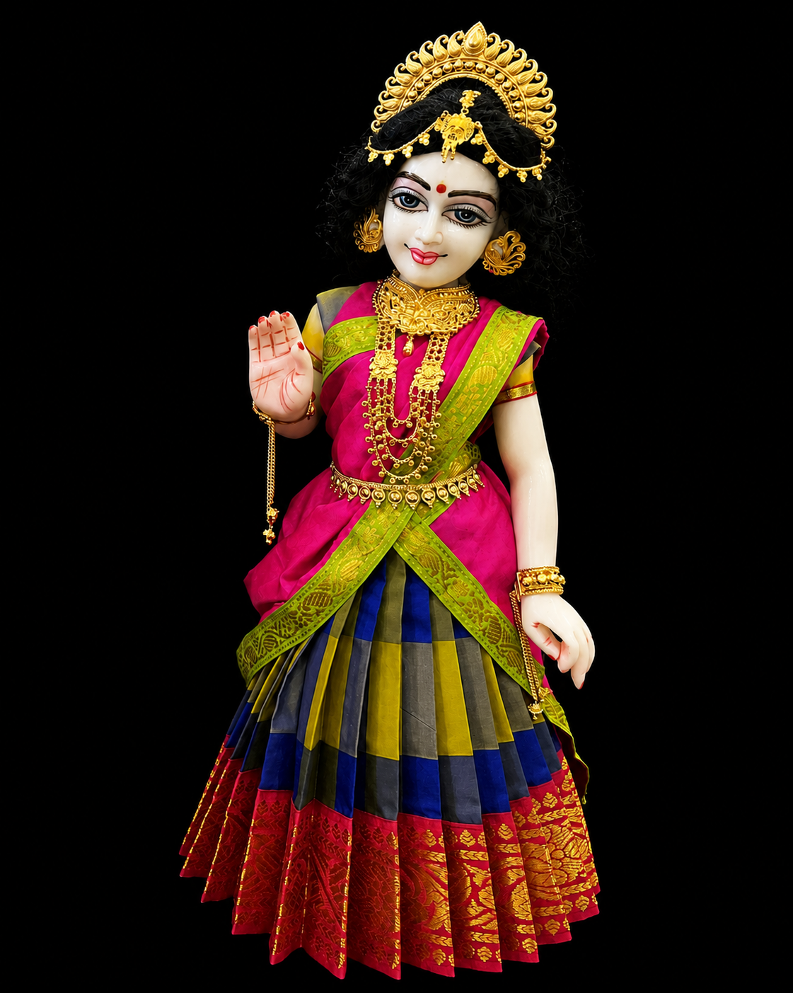 Deity half saree / lehenga patka made of Traditional Checks Silk (Not Pure Silk) - Parrot Green and Blue Checks saree with Pink border and Pink dupatta 4