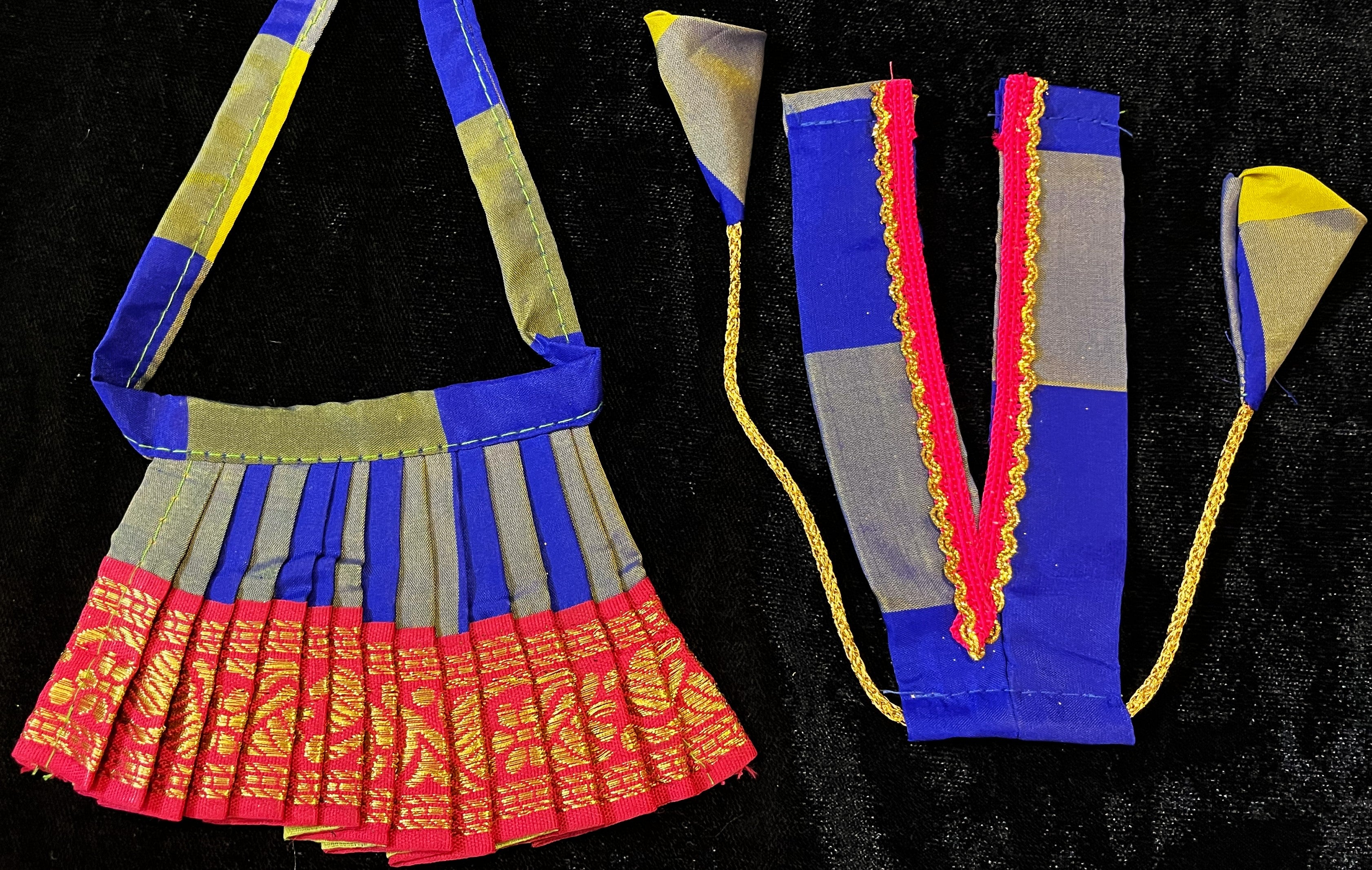 Deity half saree / lehenga patka made of Traditional Checks Silk (Not Pure Silk) - Parrot Green and Blue Checks saree with Pink border and Pink dupatta 3