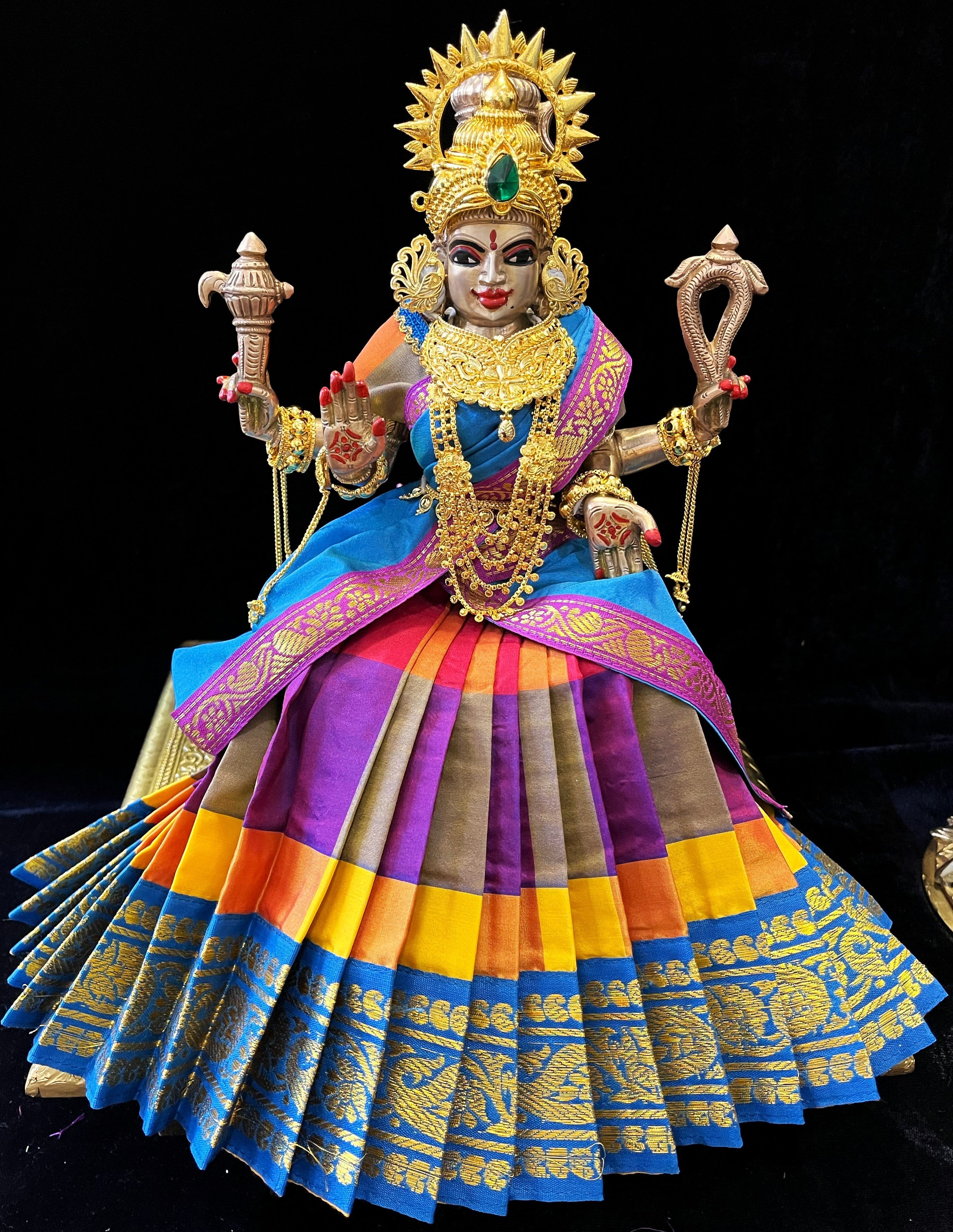 Deity half saree / lehenga patka made of Traditional Checks Silk (Not Pure Silk) - Deep Purple and yellow Checks saree with Blue border and Blue dupatta 2