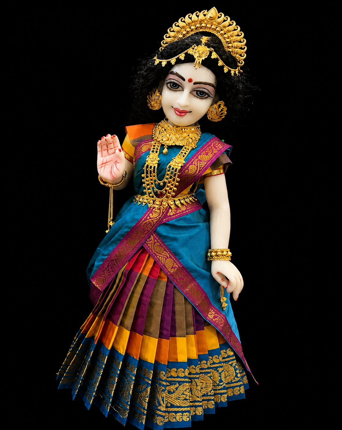 Deity half saree / lehenga patka made of Traditional Checks Silk (Not Pure Silk) - Deep Purple and yellow Checks saree with Blue border and Blue dupatta 4