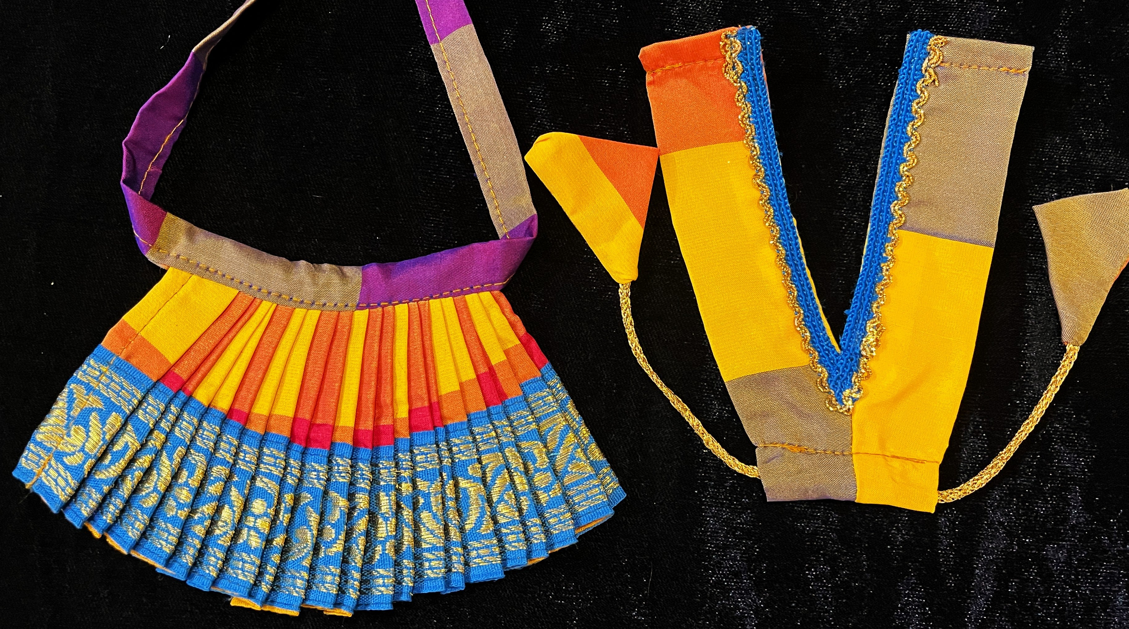 Deity half saree / lehenga patka made of Traditional Checks Silk (Not Pure Silk) - Deep Purple and yellow Checks saree with Blue border and Blue dupatta 3