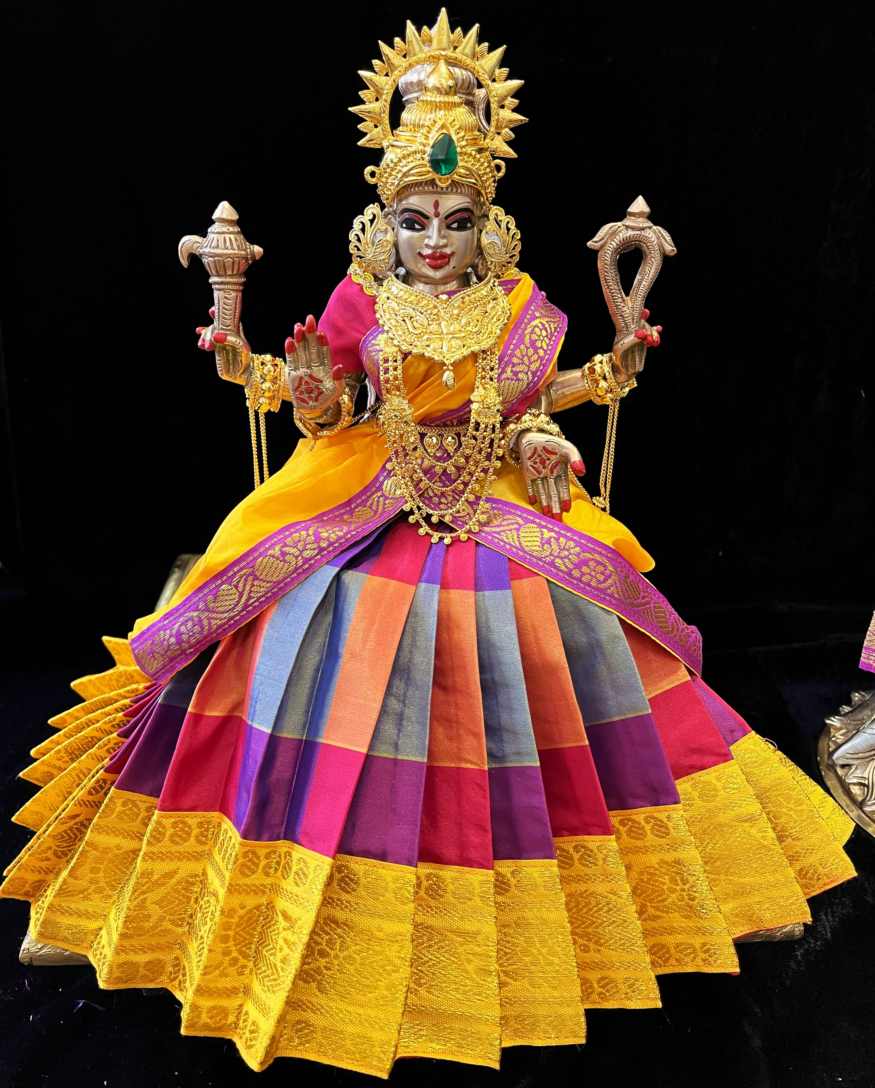 Deity half saree / lehenga patka made of Traditional Checks Silk (Not Pure Silk) - Red and Dark Purple Checks saree with Yellow border and Yellow dupatta 2