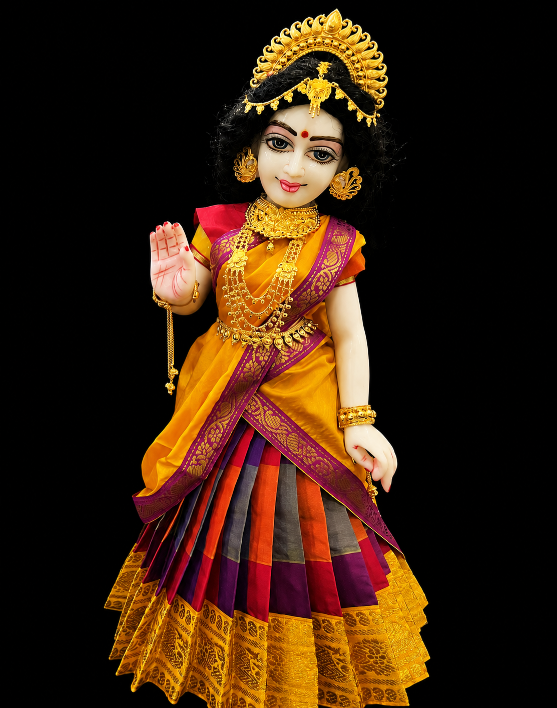 Deity half saree / lehenga patka made of Traditional Checks Silk (Not Pure Silk) - Red and Dark Purple Checks saree with Yellow border and Yellow dupatta 4