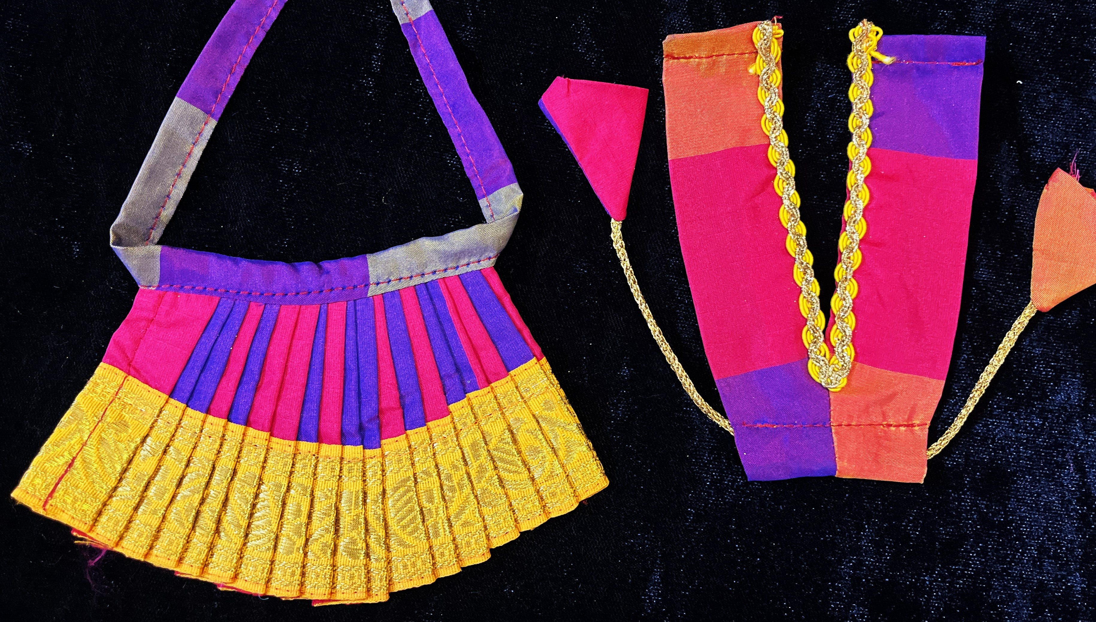 Deity half saree / lehenga patka made of Traditional Checks Silk (Not Pure Silk) - Red and Dark Purple Checks saree with Yellow border and Yellow dupatta 3