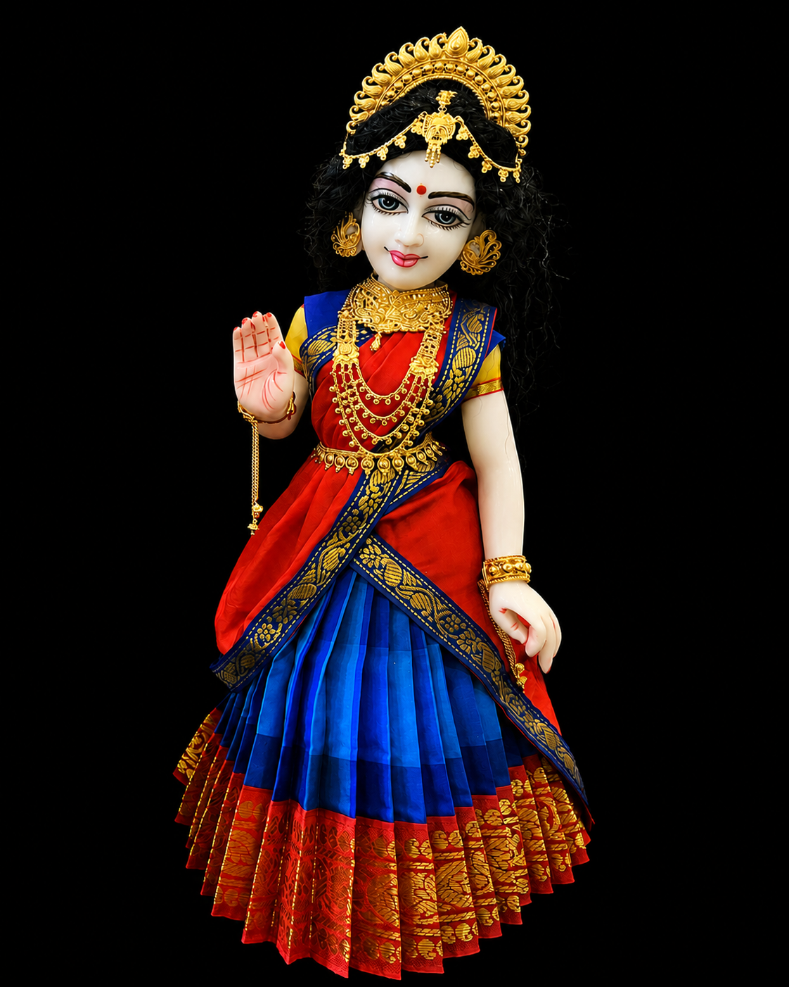 Deity half saree / lehenga patka made of Traditional Checks Silk (Not Pure Silk) - Royal Blue and dark Blue Checks saree with Red border and Red dupatta 4