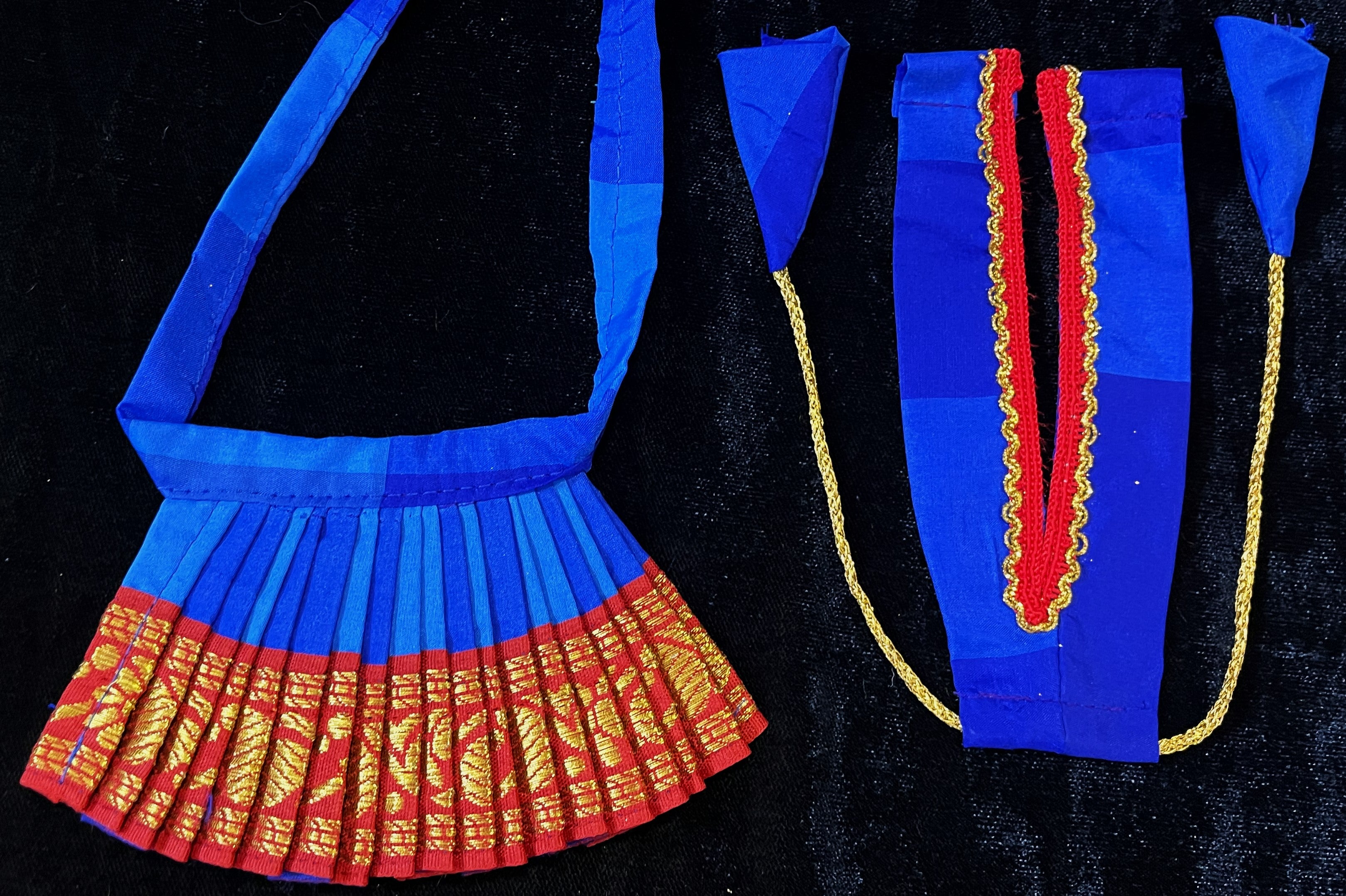 Deity half saree / lehenga patka made of Traditional Checks Silk (Not Pure Silk) - Royal Blue and dark Blue Checks saree with Red border and Red dupatta 3