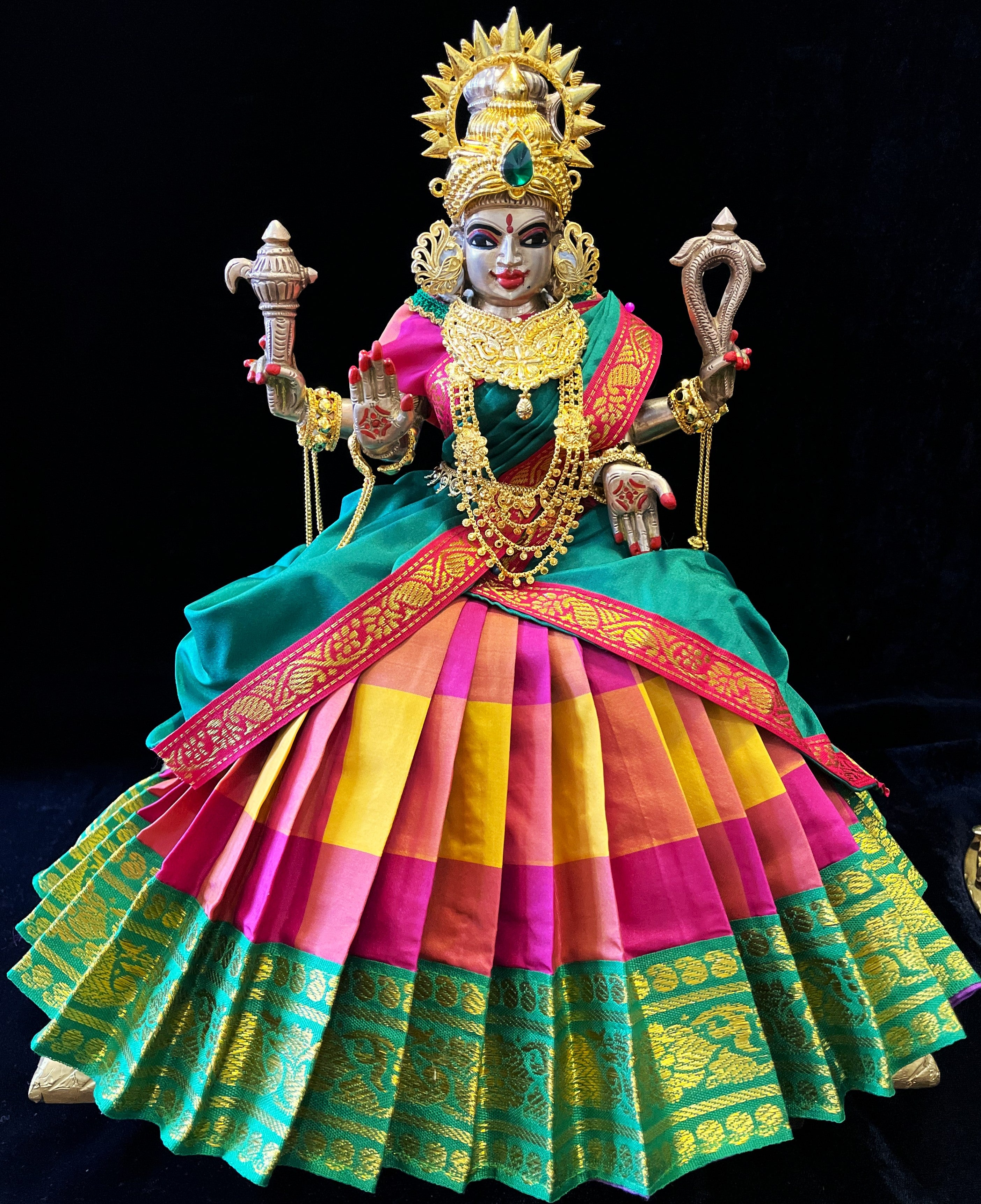 Deity half saree / lehenga patka made of Traditional Checks Silk (Not Pure Silk) - Pink and Yellow Checks saree with Green border and Green dupata 2