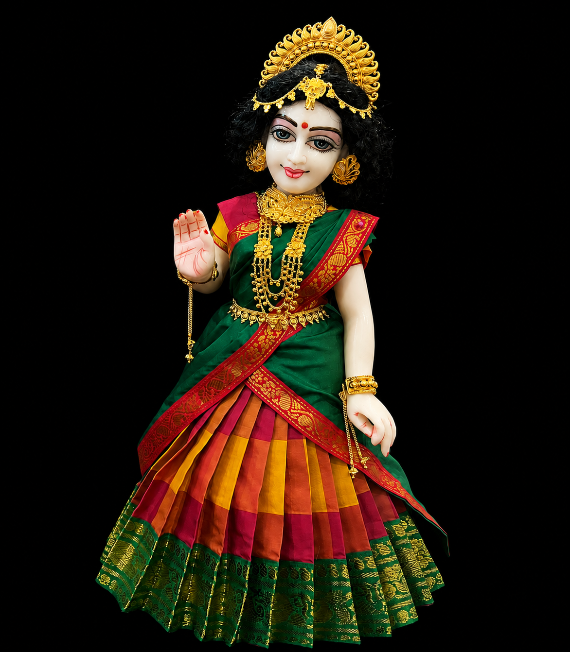Deity half saree / lehenga patka made of Traditional Checks Silk (Not Pure Silk) - Pink and Yellow Checks saree with Green border and Green dupata 4