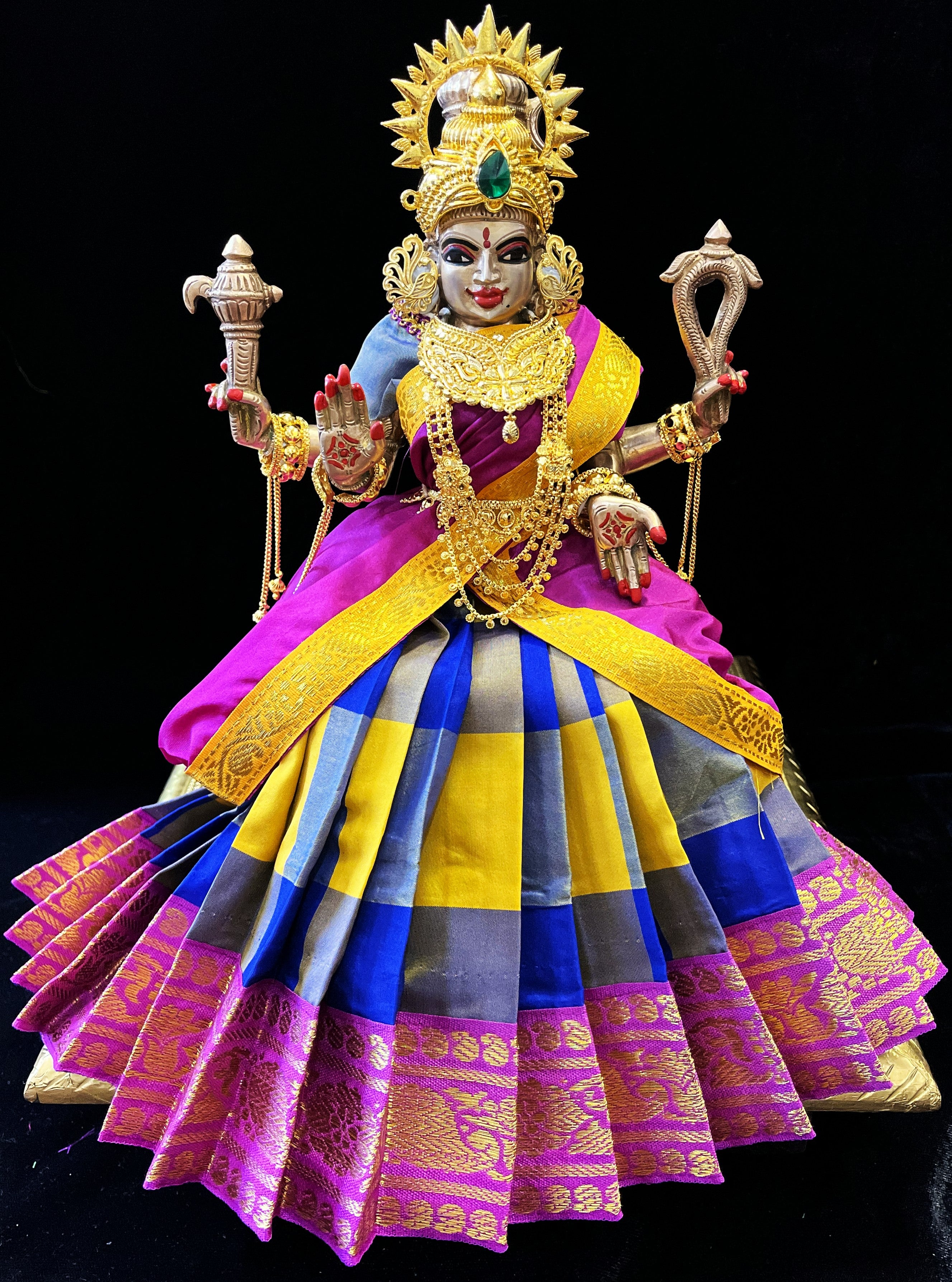 Deity half saree / lehenga patka made of Traditional Checks Silk (Not Pure Silk) - Yellow and Royal Blue Checks saree with Magenta Pink border and Pink dupatta 2