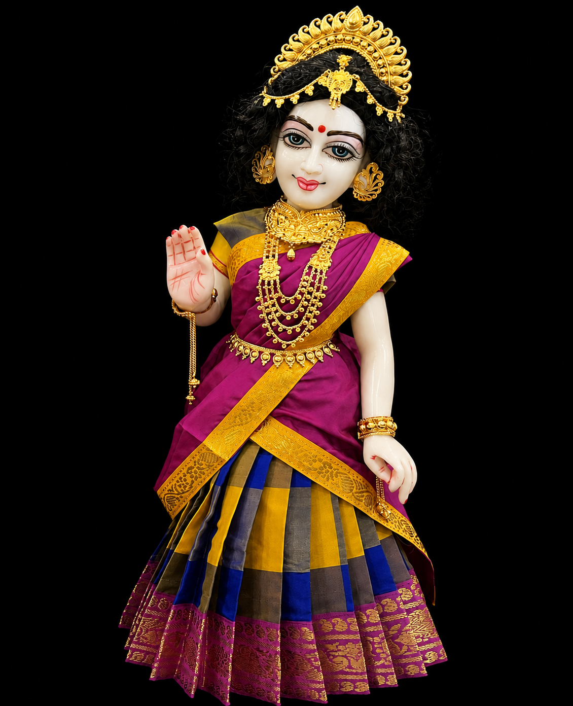 Deity half saree / lehenga patka made of Traditional Checks Silk (Not Pure Silk) - Yellow and Royal Blue Checks saree with Magenta Pink border and Pink dupatta 4