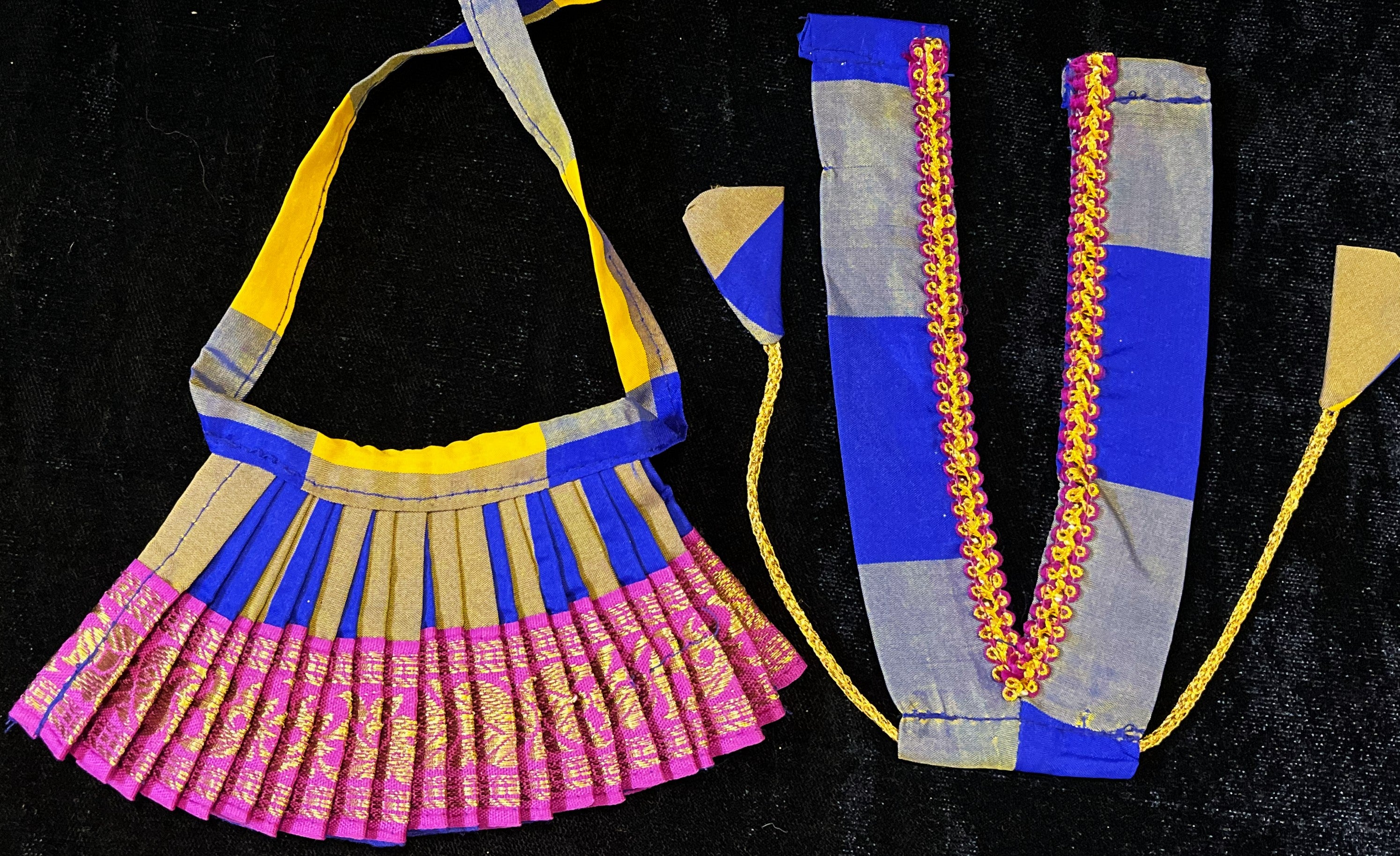 Deity half saree / lehenga patka made of Traditional Checks Silk (Not Pure Silk) - Yellow and Royal Blue Checks saree with Magenta Pink border and Pink dupatta 3
